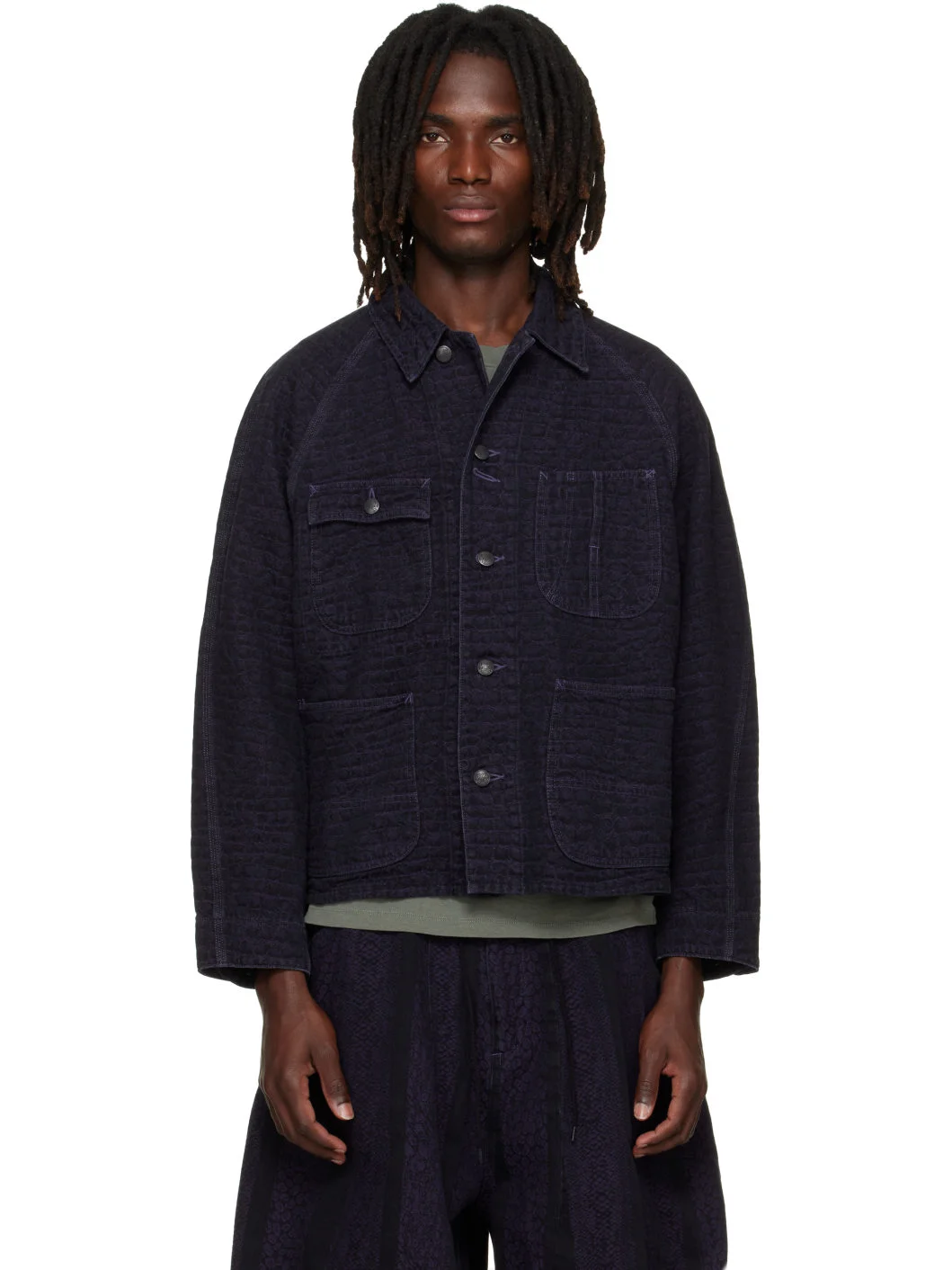 Black Crocodile Jacquard Short Denim Jacket - 1