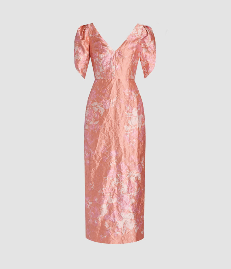 Erdem FLORAL PRINT TEXTURED SATIN MIDI PENCIL DRESS outlook