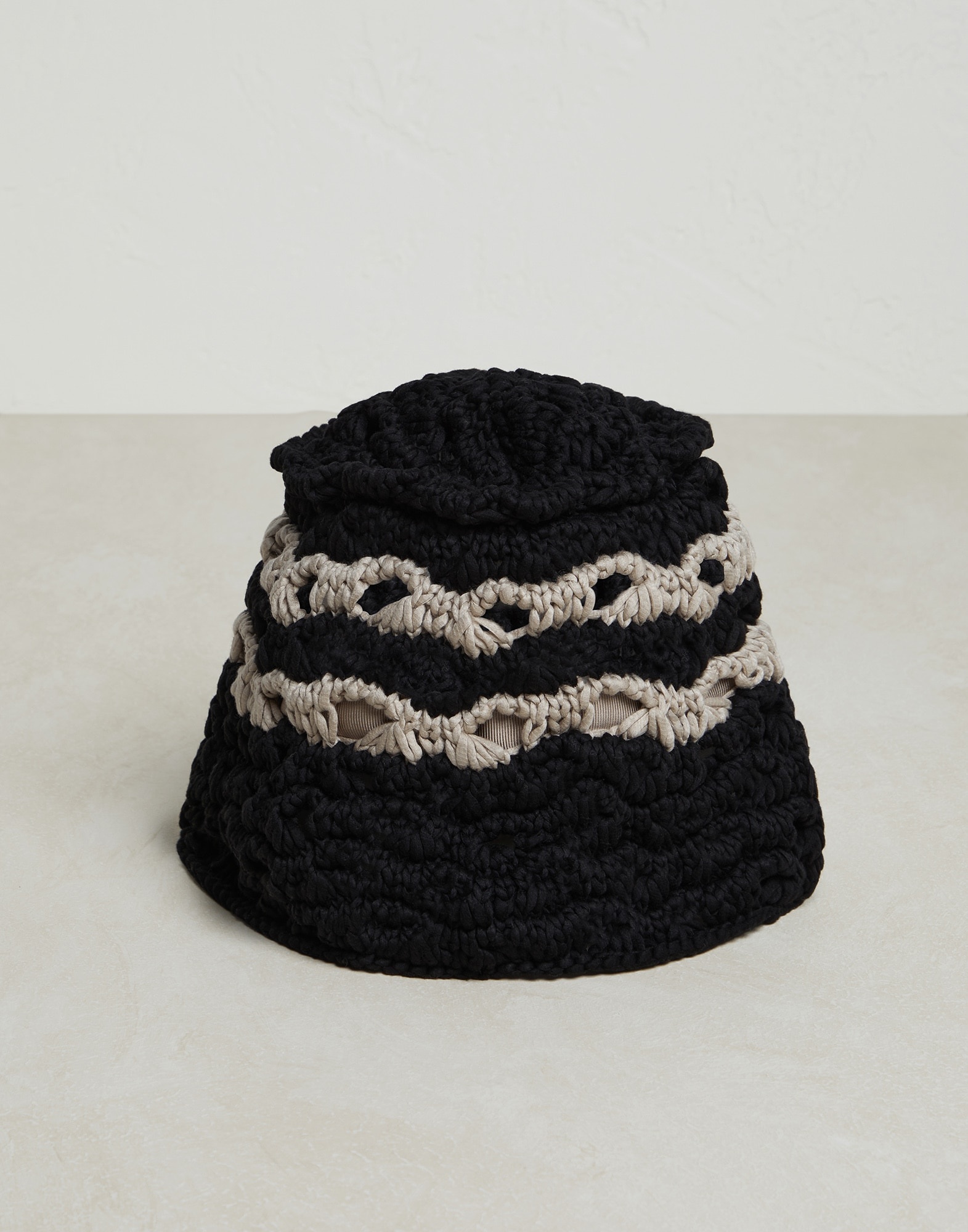 Striped cotton feather yarn ajour knit bucket hat - 1