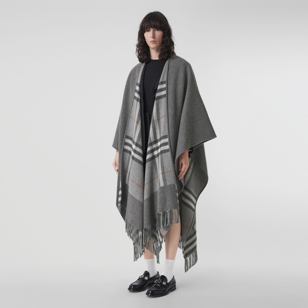 Reversible Check Wool Cashmere Cape - 5