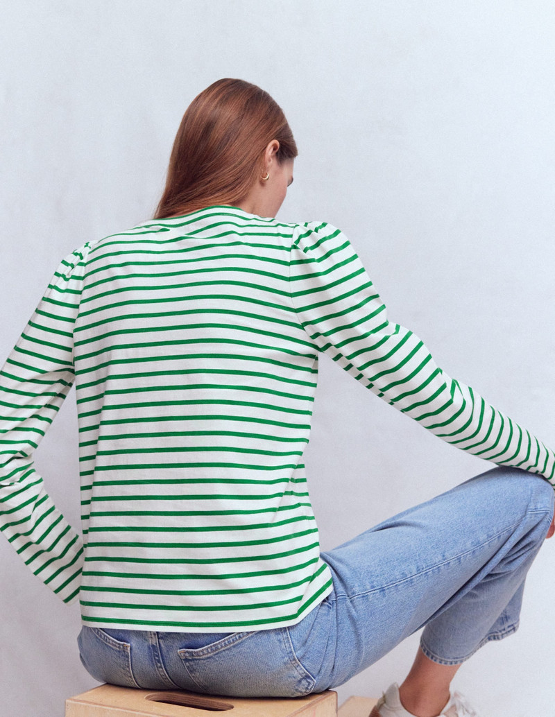 Pleat Sleeve Stripe Top-Jewel Green and Ivory Stripe 4