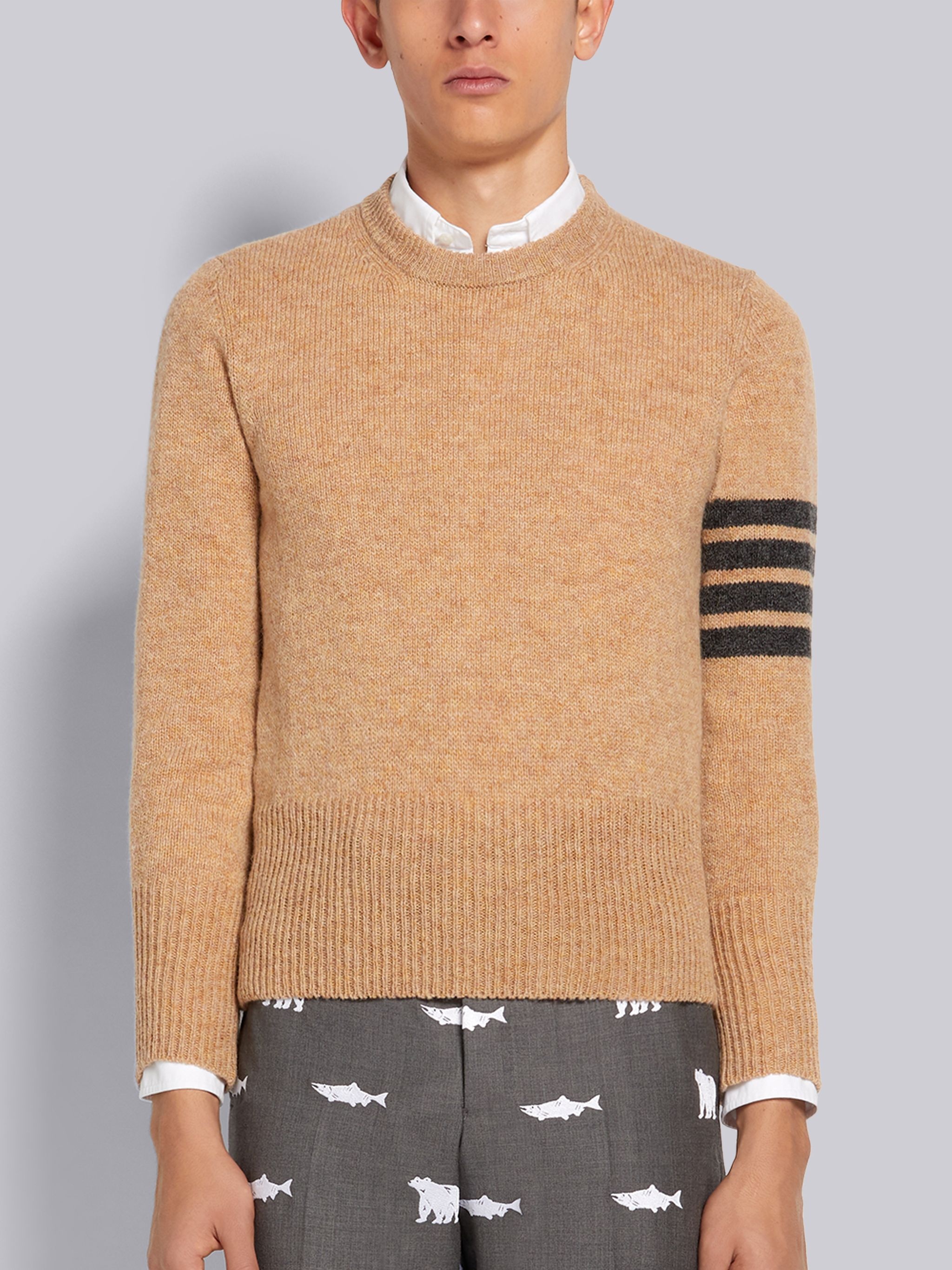 Camel Shetland Wool Jersey Stitch 4-Bar Stripe Classic Crew Neck Pullover - 1