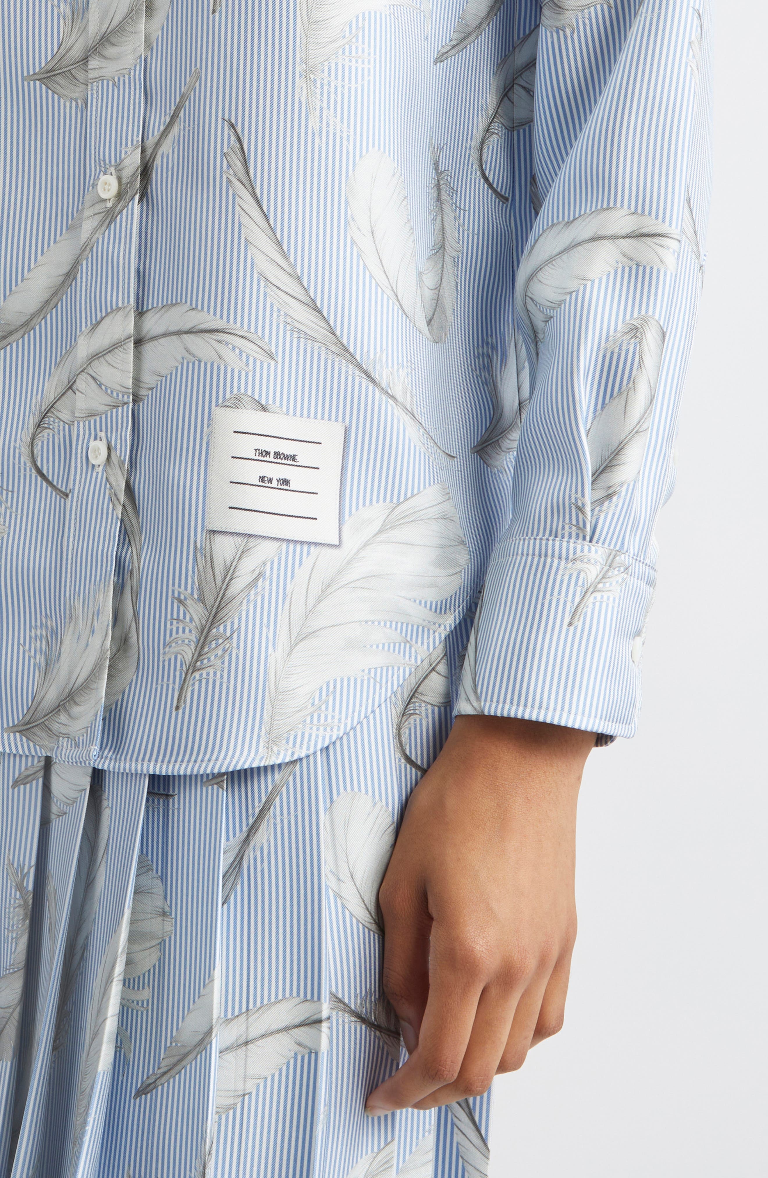Thom Browne Feather Print Stripe Silk Button-Up Shirt in Light Blue at Nordstrom - 5