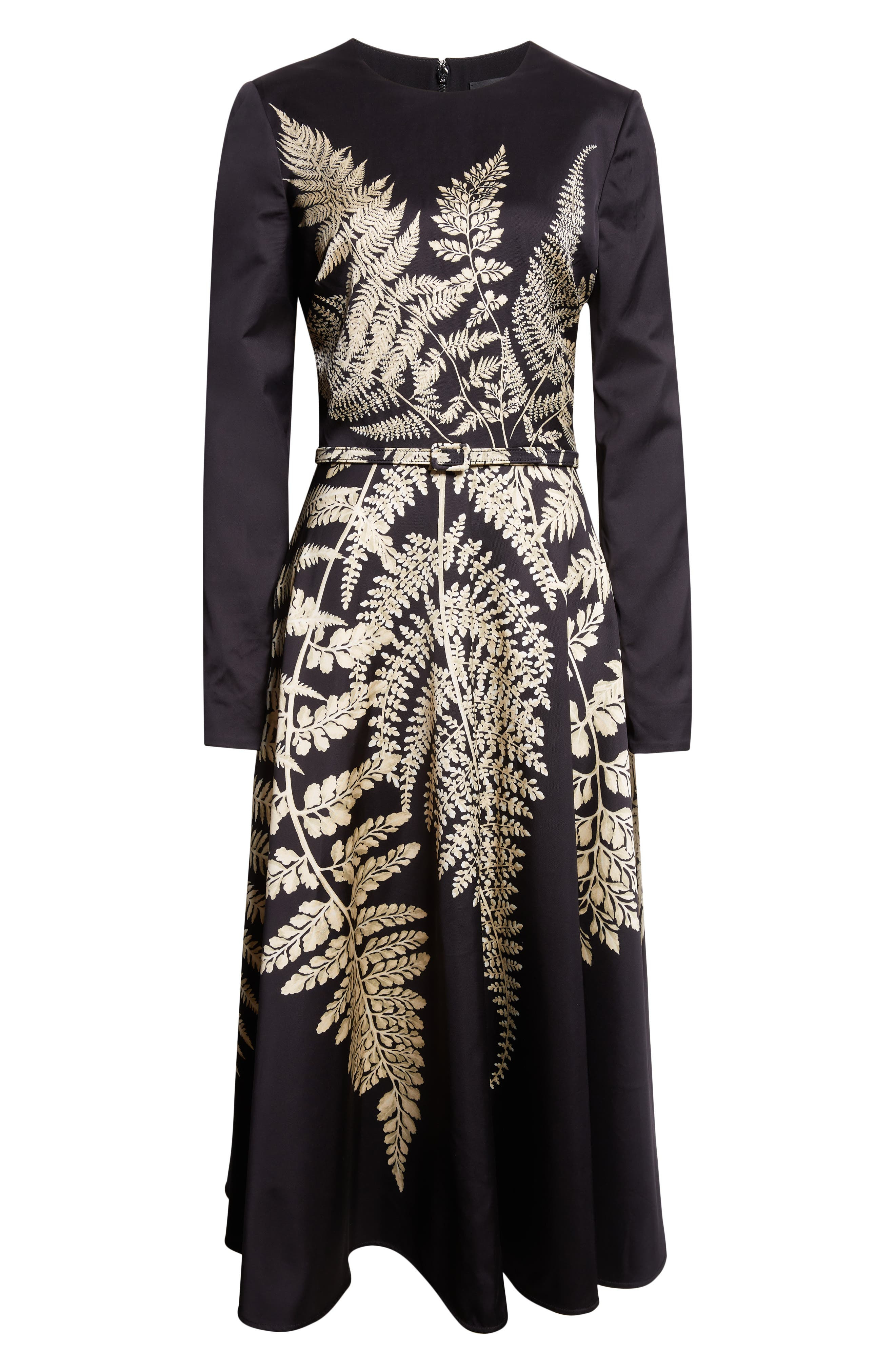 Oscar de la Renta Fern Print Belted Long Sleeve Cocktail Dress in Black/Ecru at Nordstrom - 5