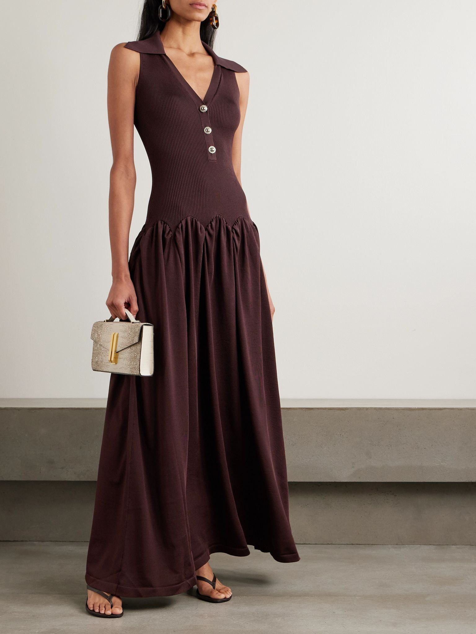 Embellished ribbed-knit and poplin maxi dress Brown - 2