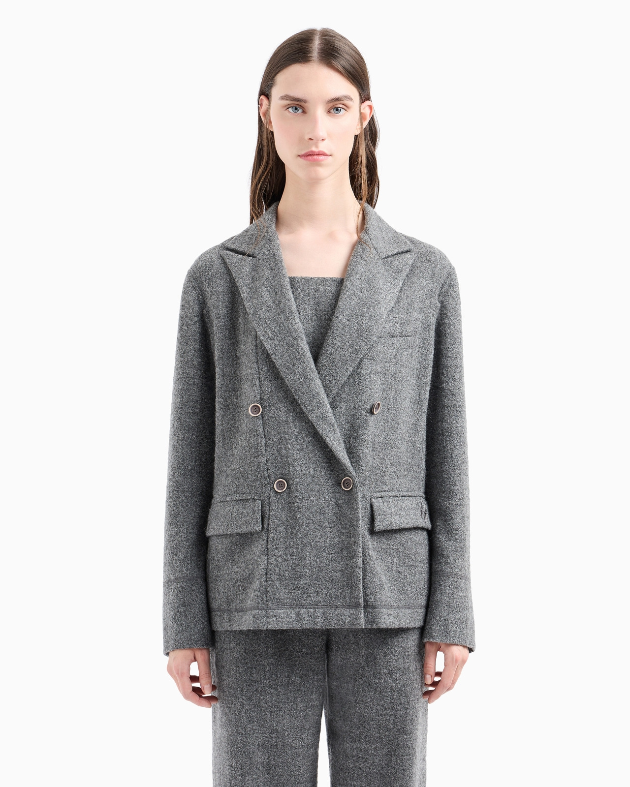 Double-breasted mélange flannel wool-blend jacket with a bib front - 2