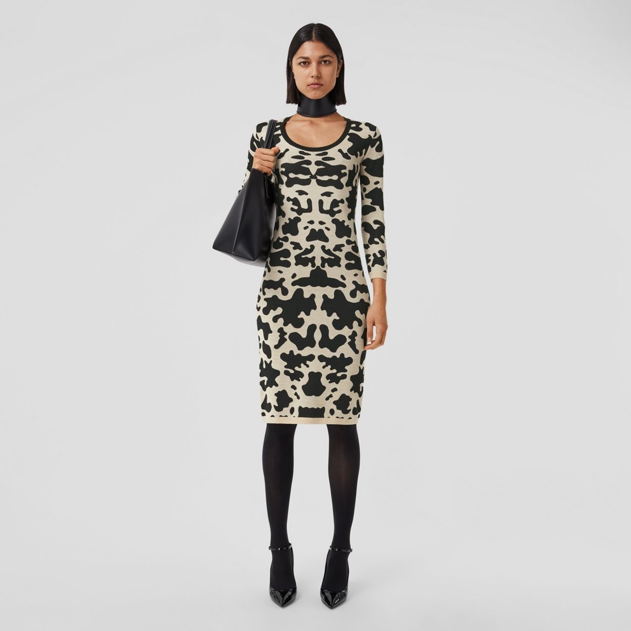 Long-sleeve Cow Print Viscose Wool Dress - 5