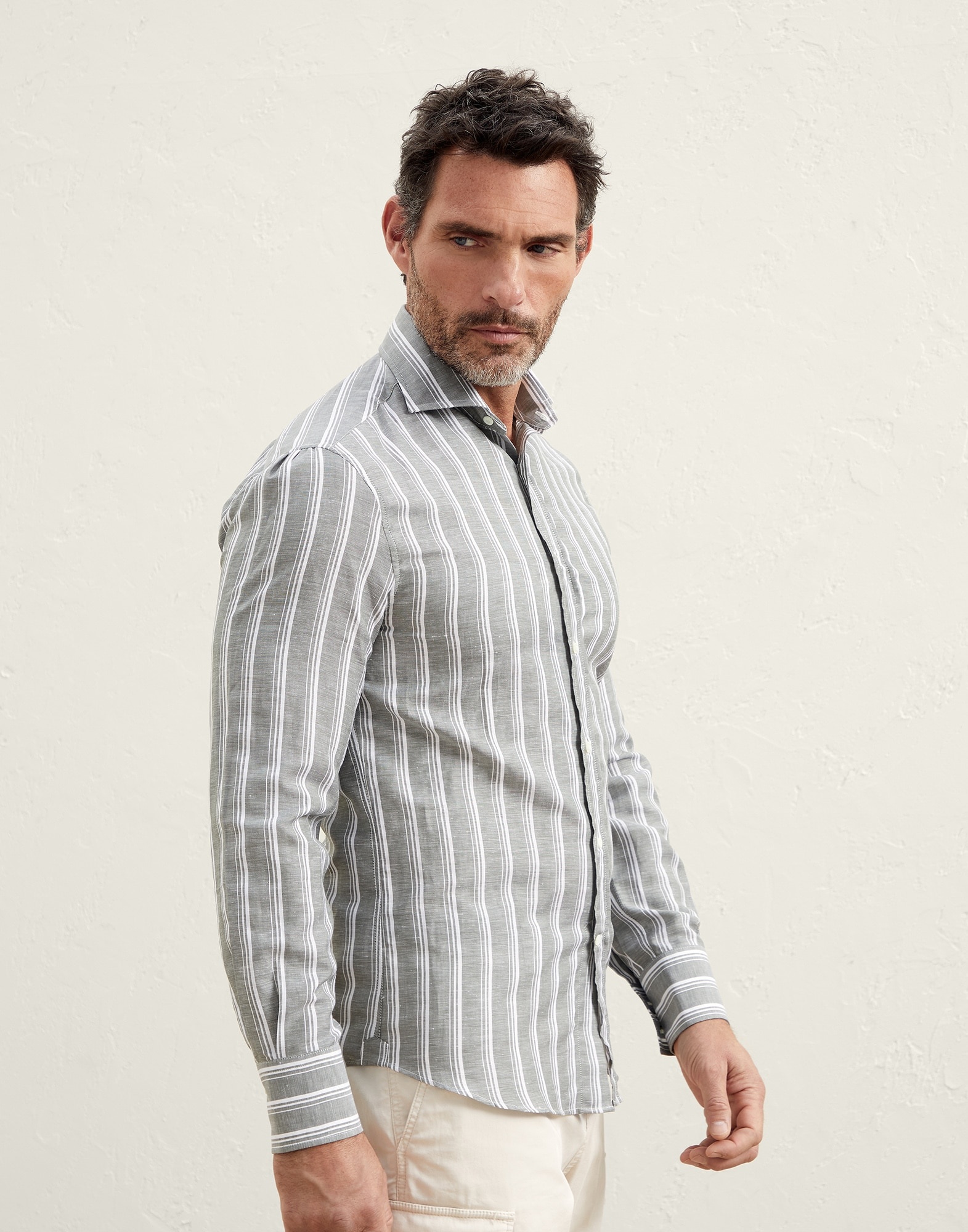 Multistripe linen and cotton slim fit shirt with spread collar - 1