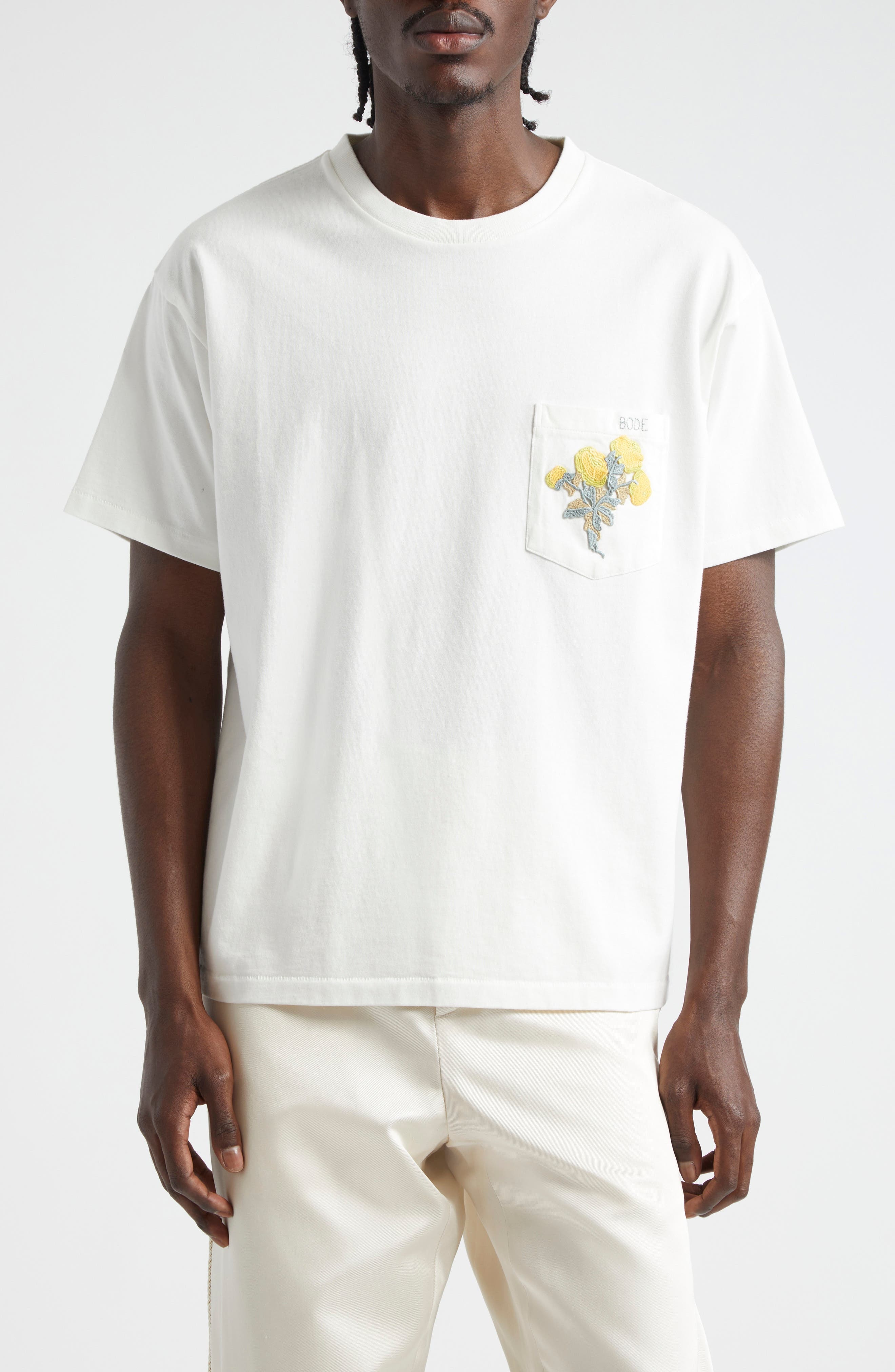 Embroidered Bouquet Cotton Pocket T-Shirt - 1