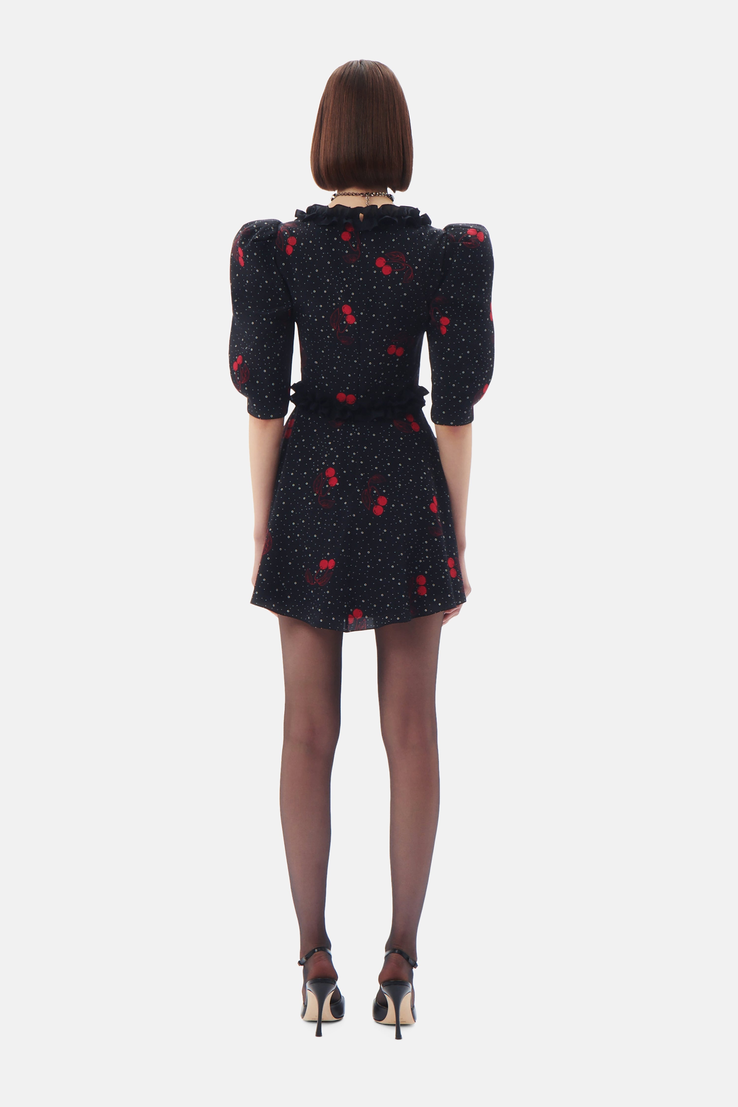 CHERRY PRINT SILK MINI DRESS WITH RUFFLE DETAILS - 5