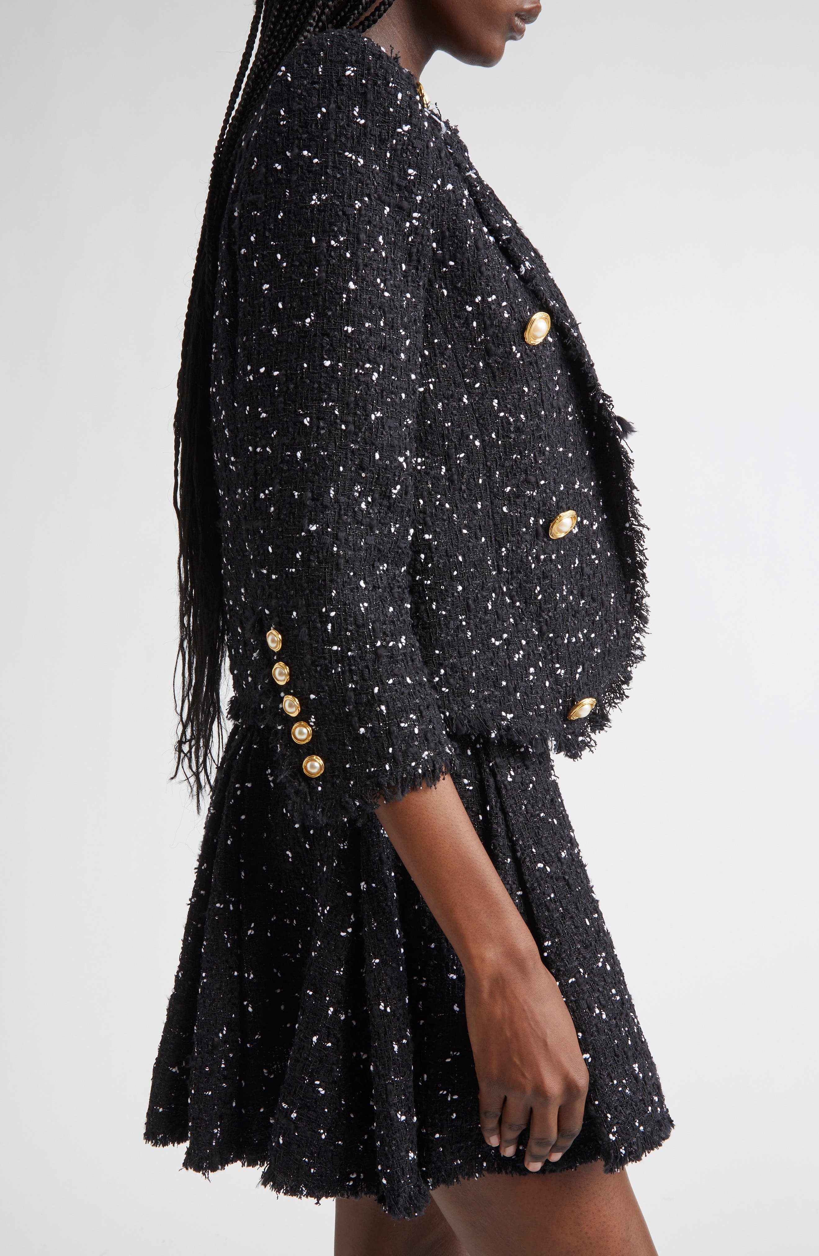 Balmain Polka Dot Tweed Spencer Jacket in Black/White at Nordstrom - 4