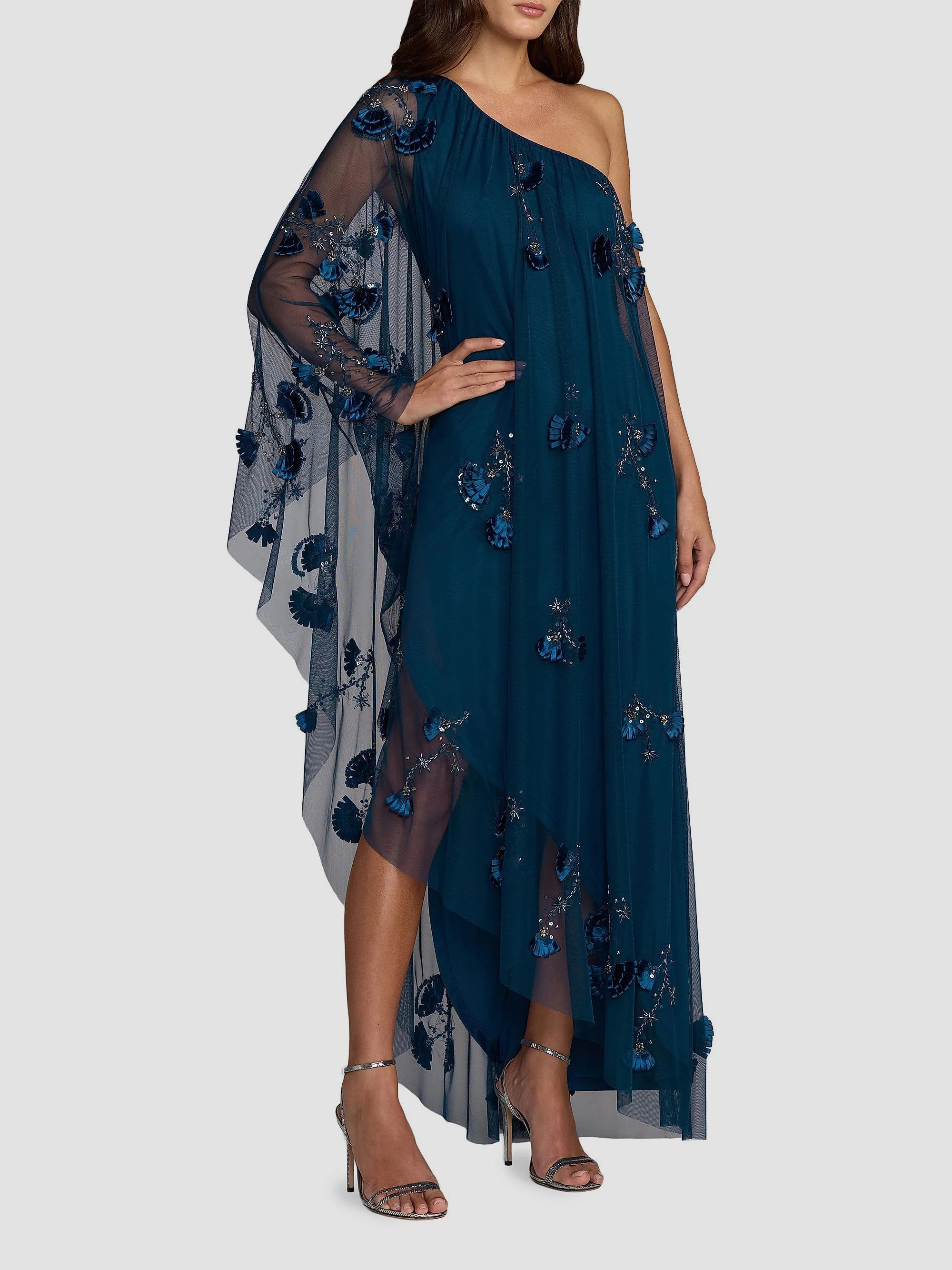 Women's Embellished Trapeze One-Shoulder Gown - Twilight - 1