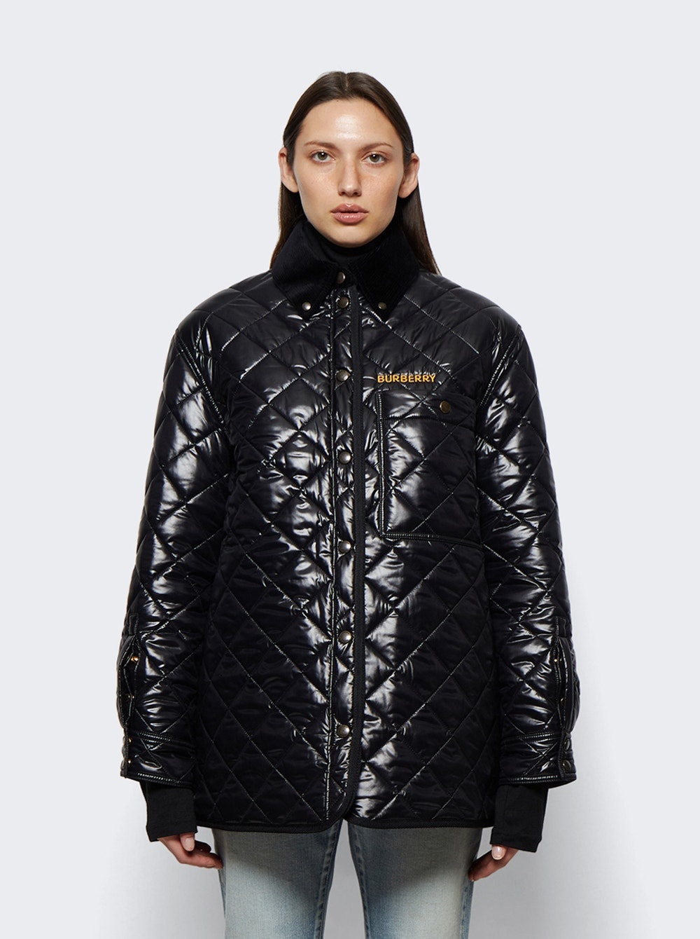 Corduroy Collar Diamond Quilted Jacket Black - 3