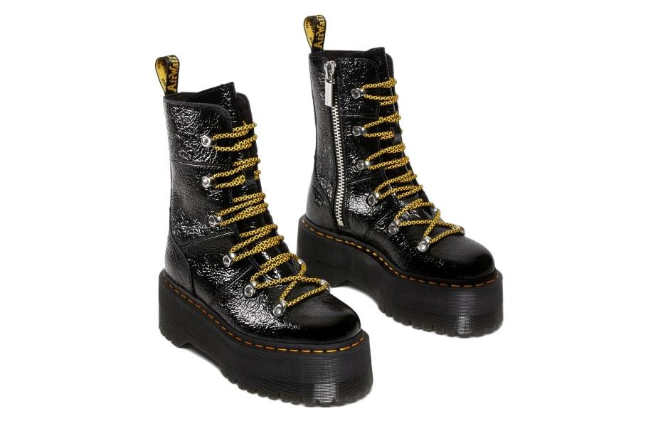 (WMNS) Dr. Martens Ghilana Max Distressed Patent Leather Platform Boots 'Black' 27788001 - 3