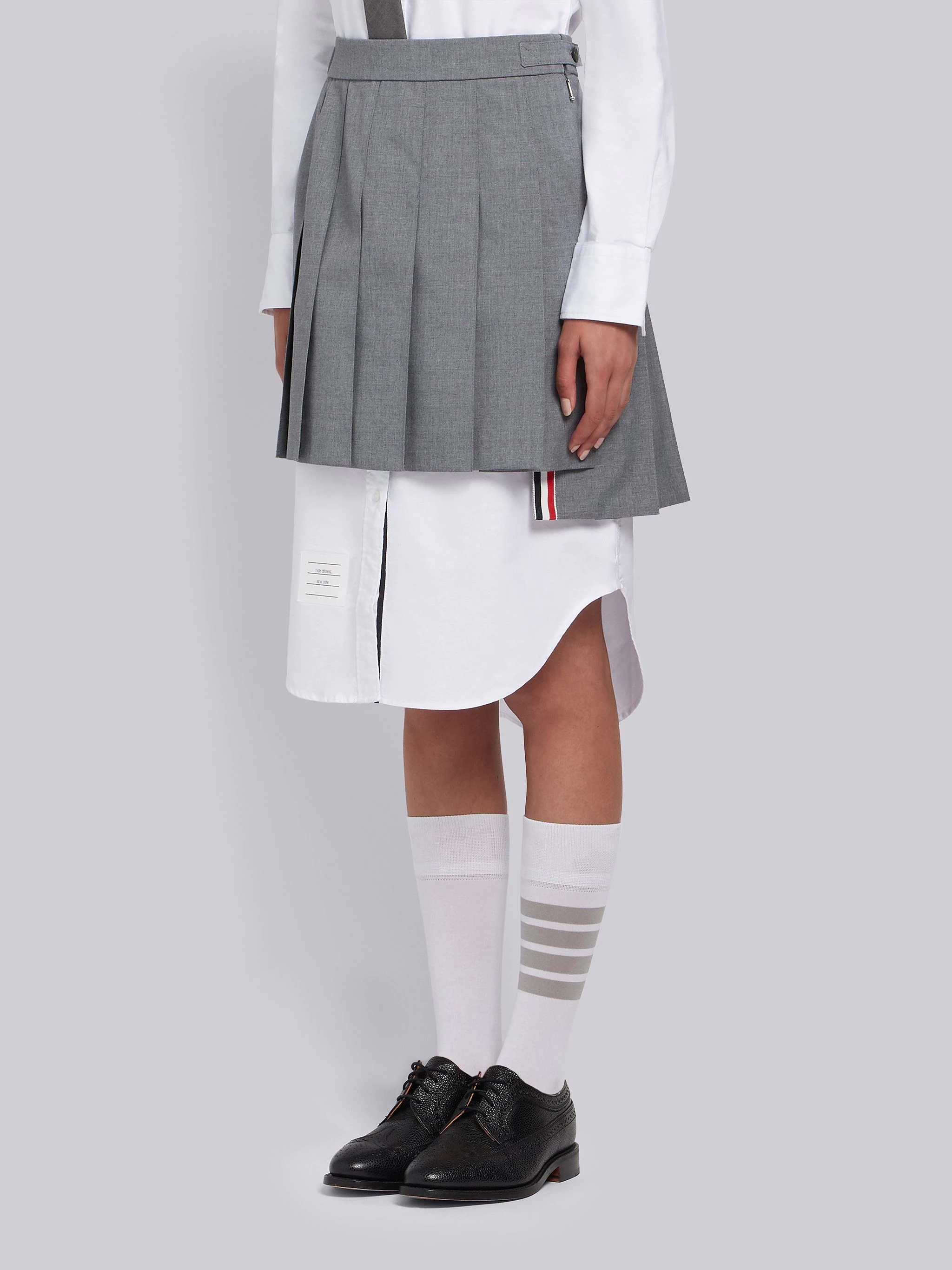 Medium Grey School Uniform Plain Weave Grosgrain Stripe Dropped Back Pleated Mini Skirt - 2