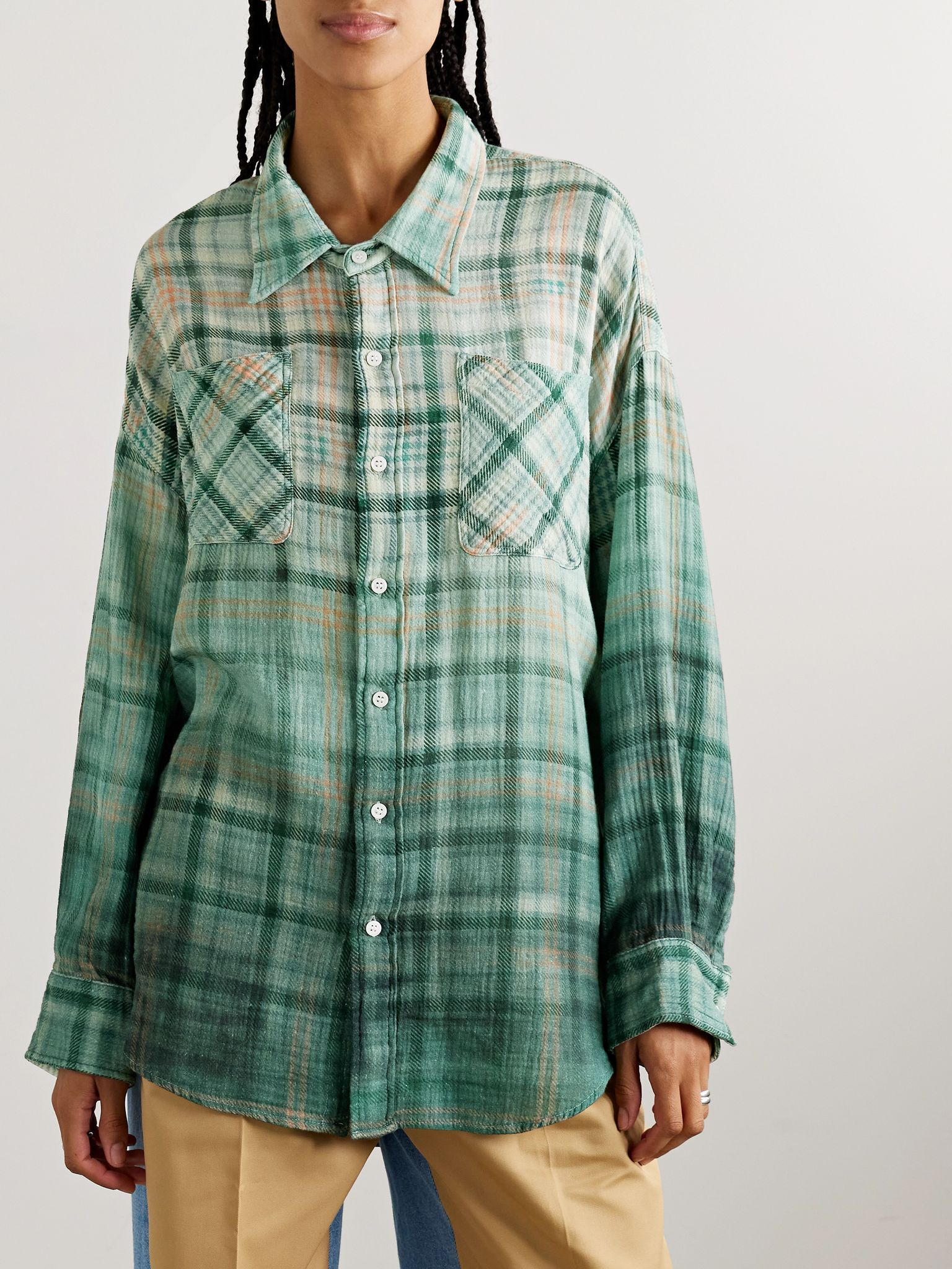 Drop Neck checked slub cotton shirt Multi - 3