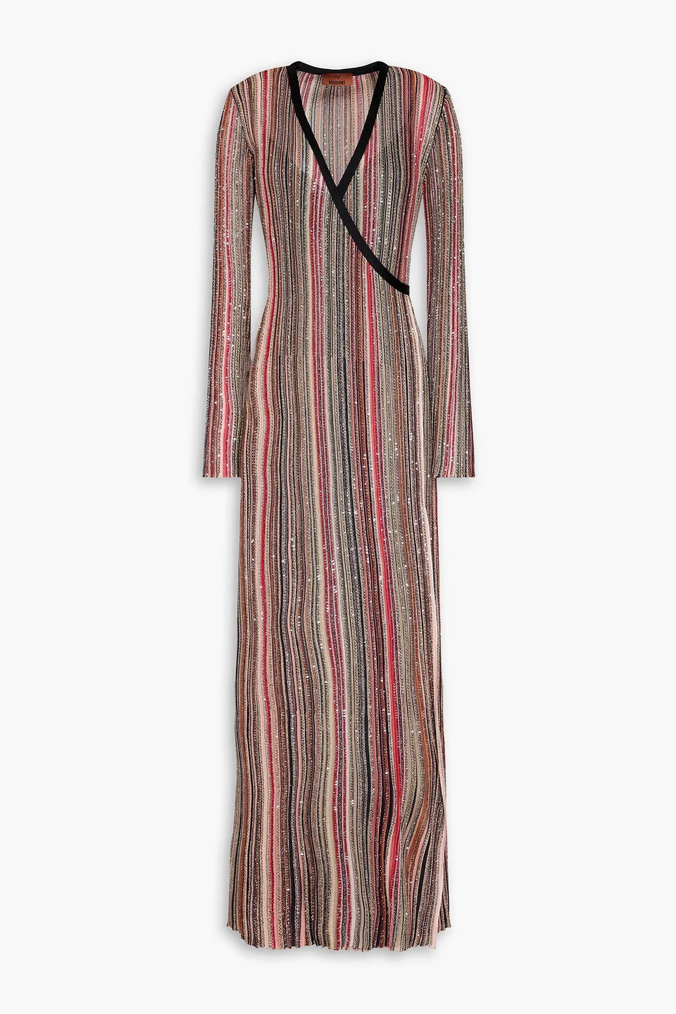 Embellished striped ribbed-knit maxi wrap dress - 1
