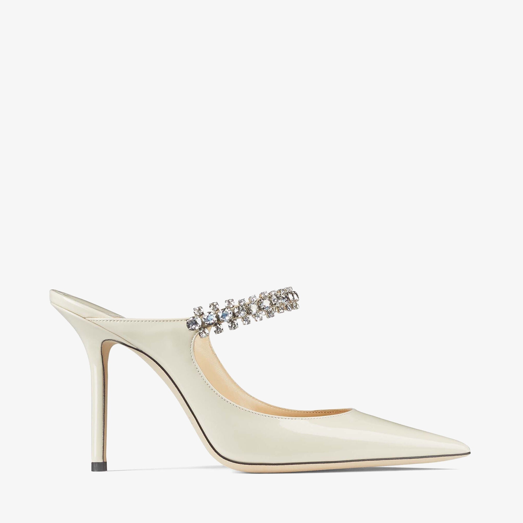 JIMMY CHOO Bing 100 Linen Patent Leather Mules with Crystal