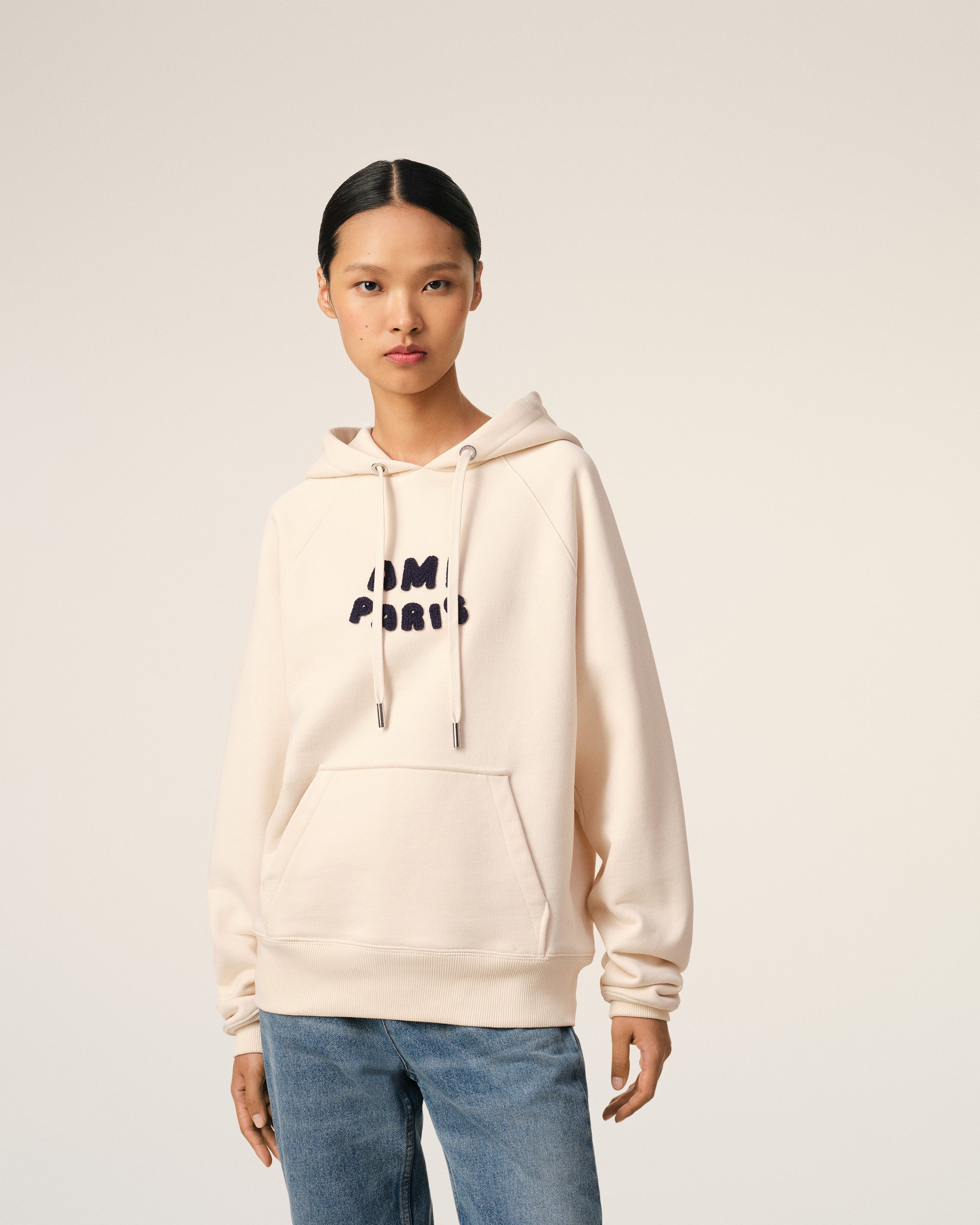 BEIGE COTTON HOODIE WITH AMI PARIS PATCH - 3