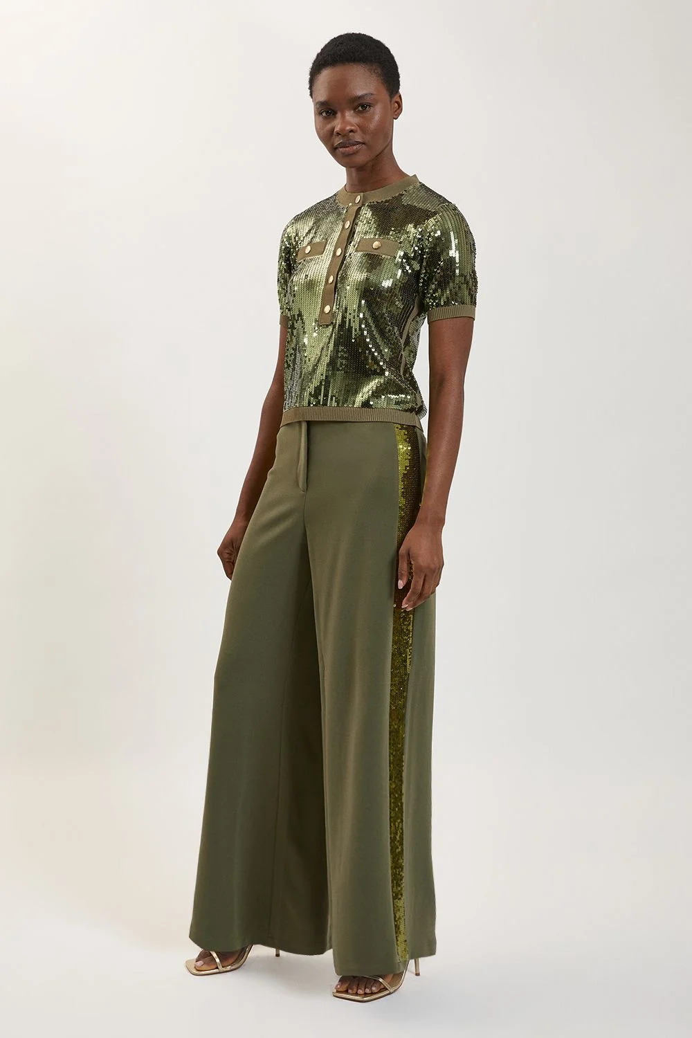 Petite Exclusive Sequin Side Strip Wide Leg Trouser - 1