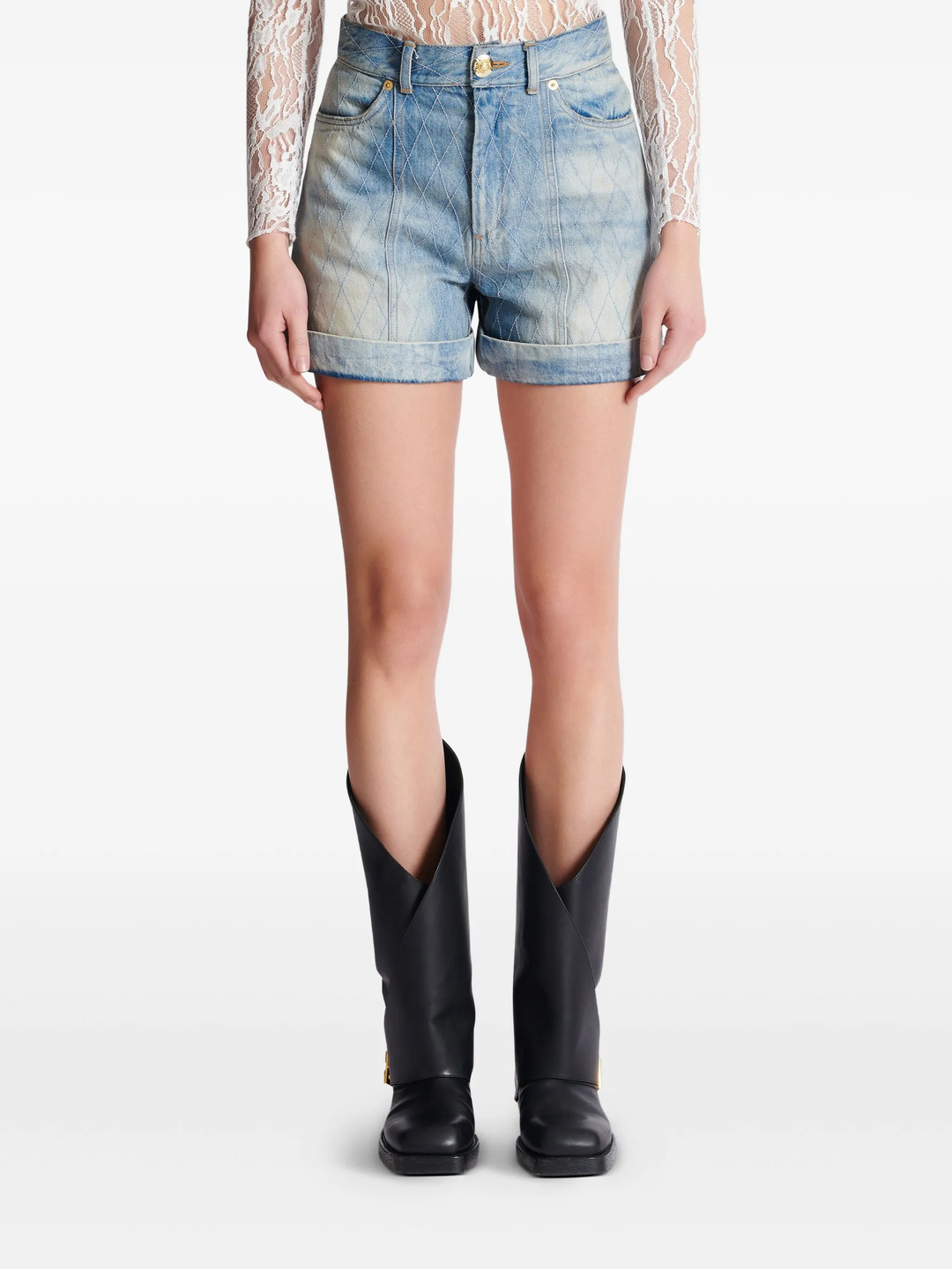 Quilted Light Blue Denim Short - 5