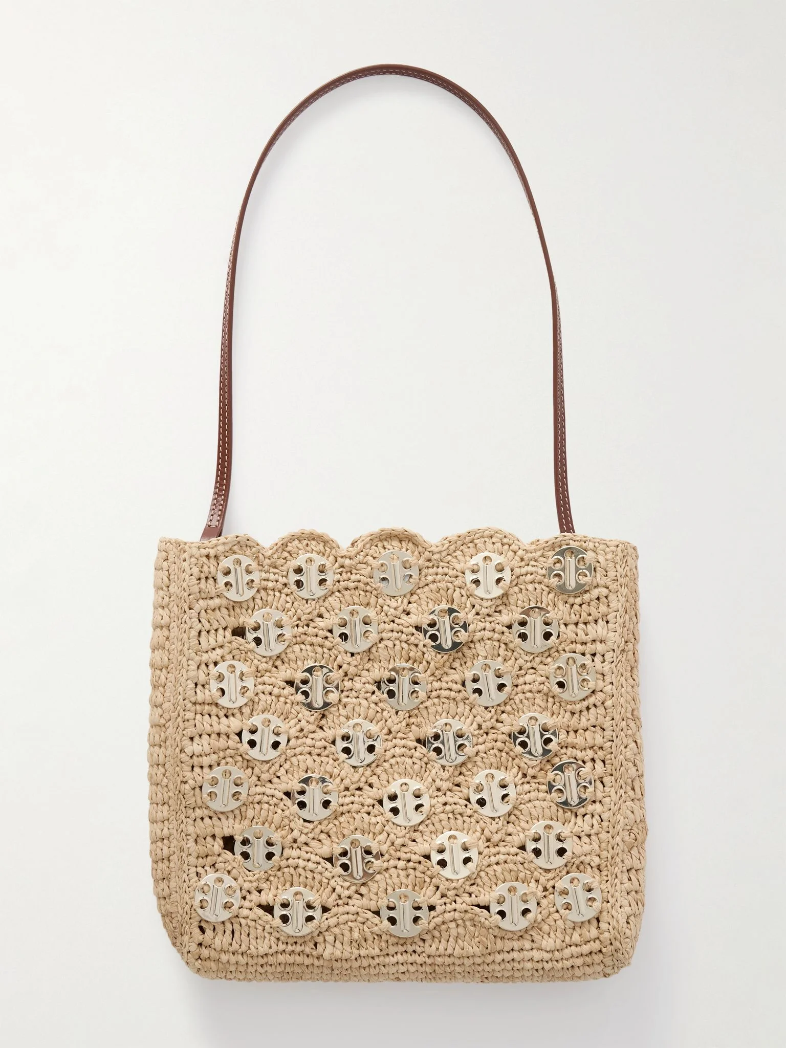 Leather-trimmed embellished woven raffia shoulder bag Neutral - 1