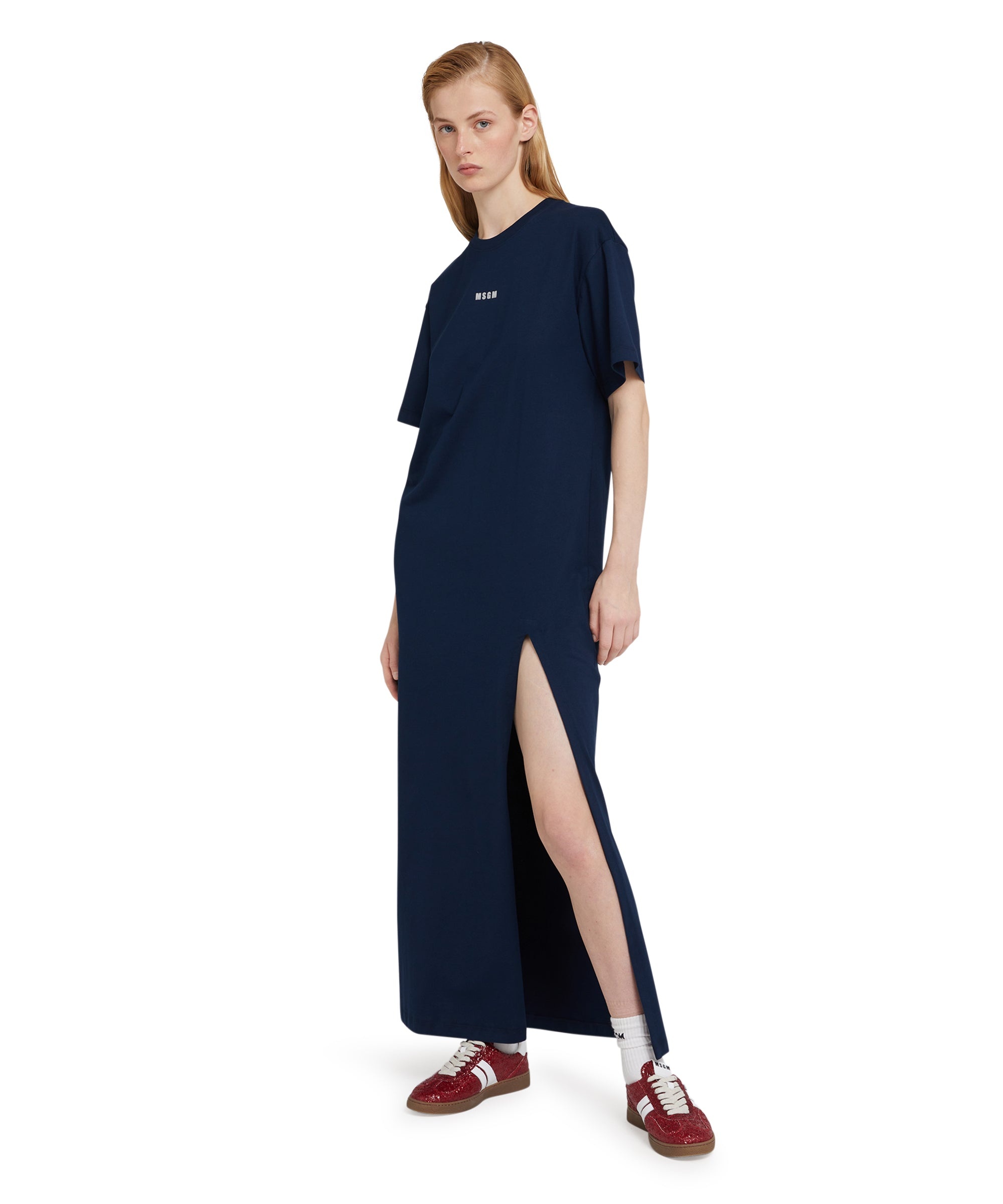 Long cotton dress with side slit and logo - 5
