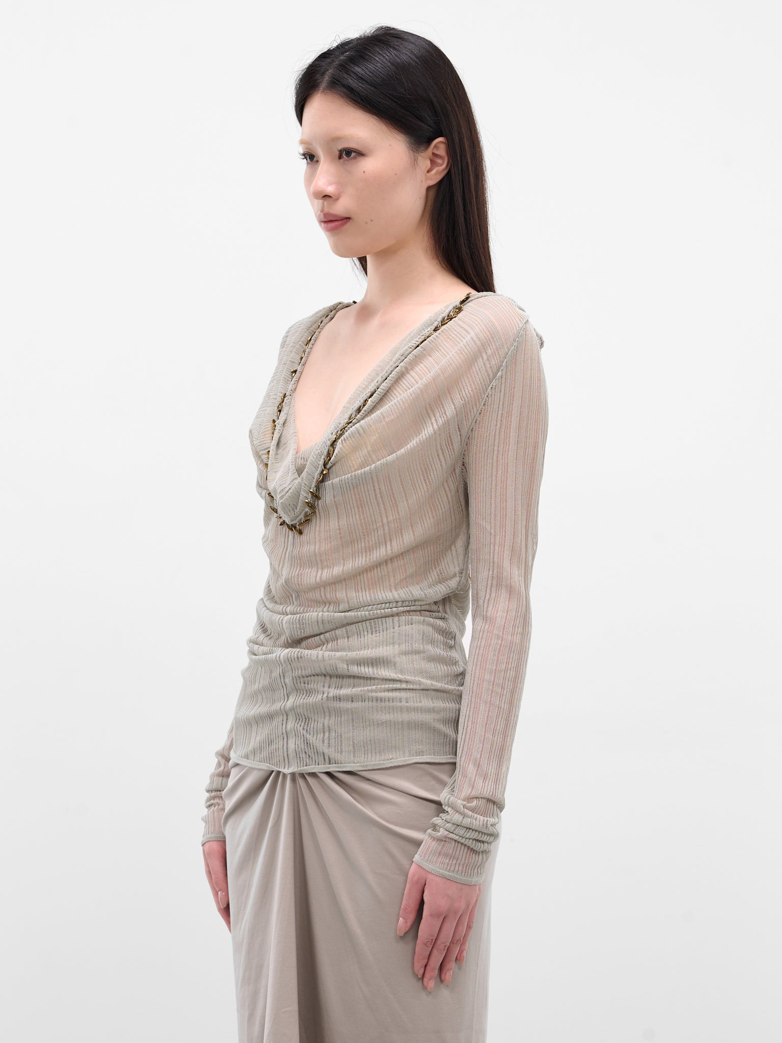 Gray Sheer Cowl Neck Top - 2