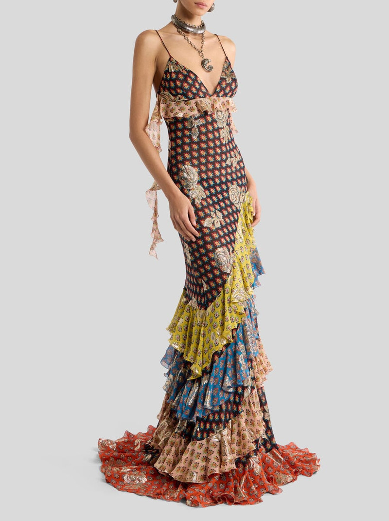 LONG SILK DRESS WITH FIL COUPÉ ROSES AND TIE-INSPIRED MOTIF 2