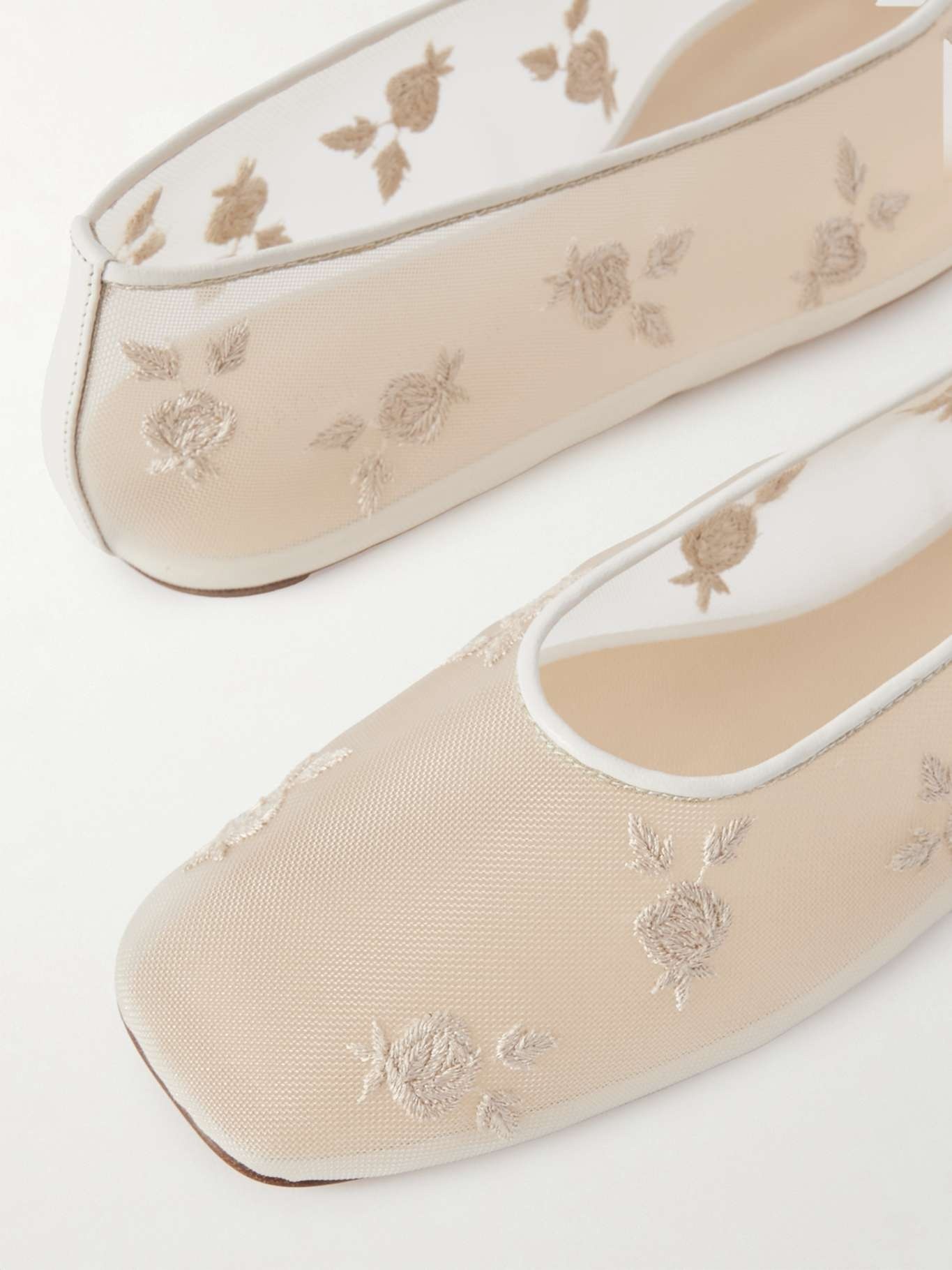 Leather-trimmed embroidered mesh ballet flats - 4