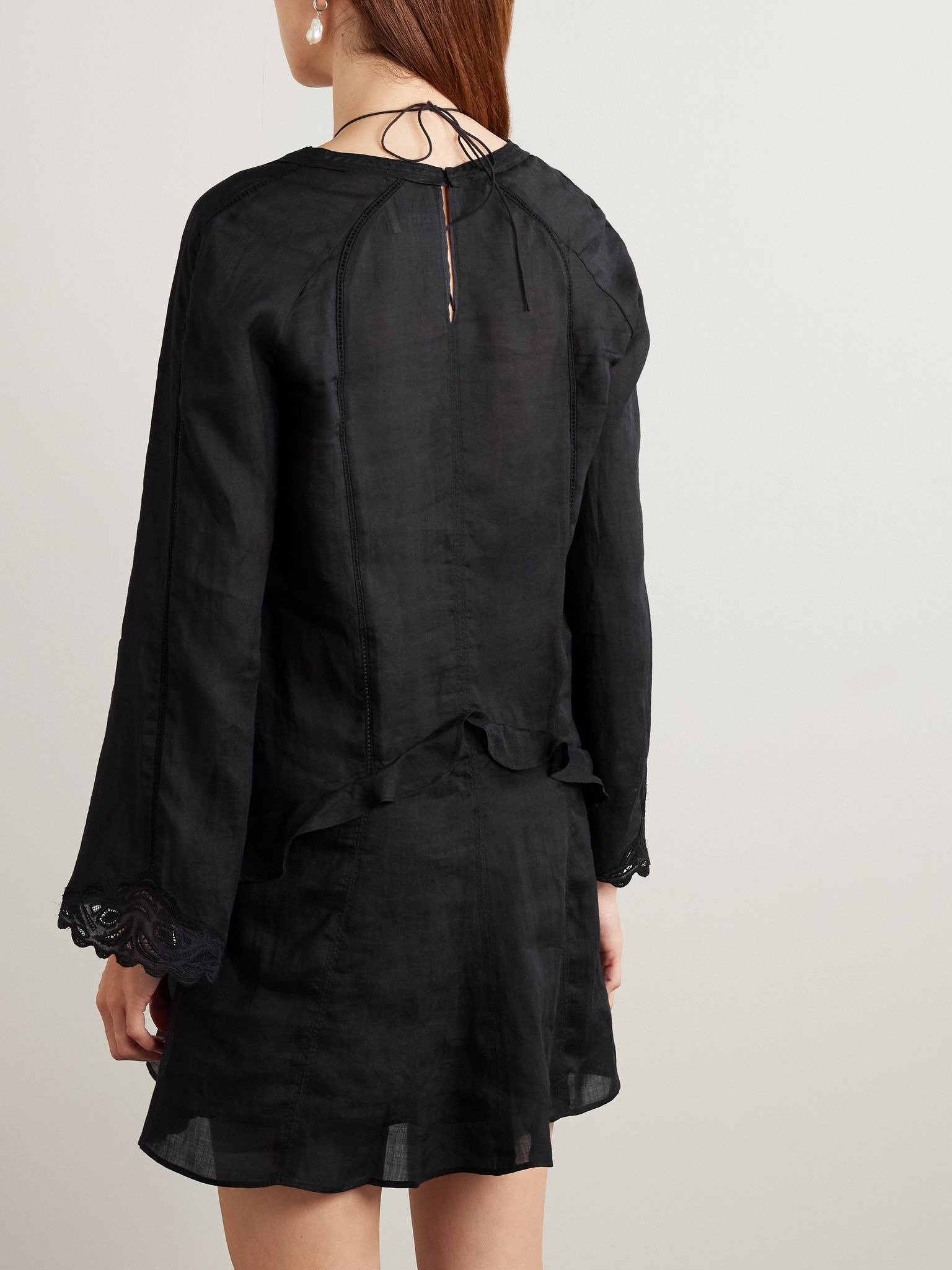 Liya lace-trimmed embroidered ramie mini dress Black - 3