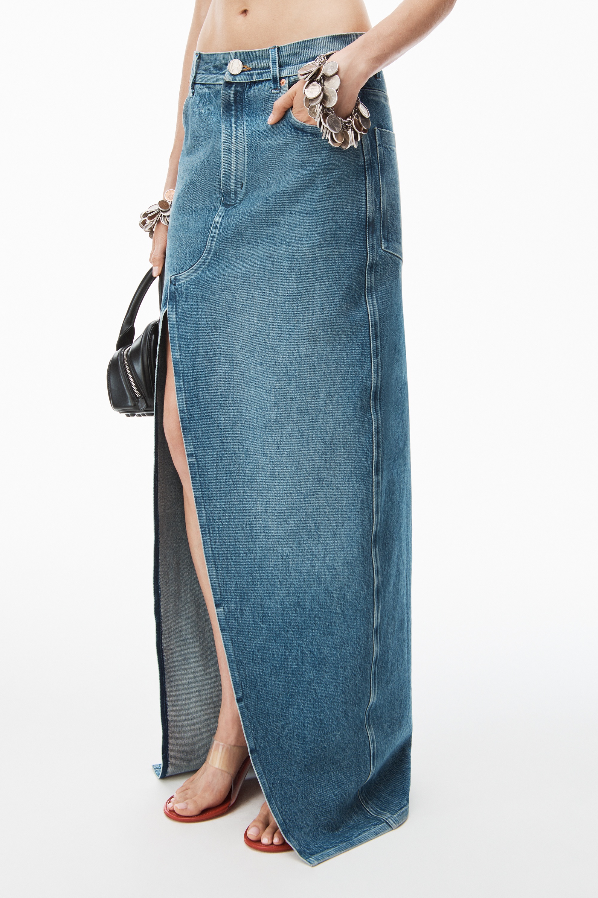 bonded long crossover skirt in denim - 3