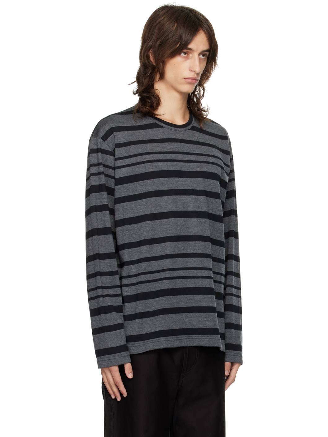 Gray & Black Stripe Wool Long Sleeve T-Shirt - 2