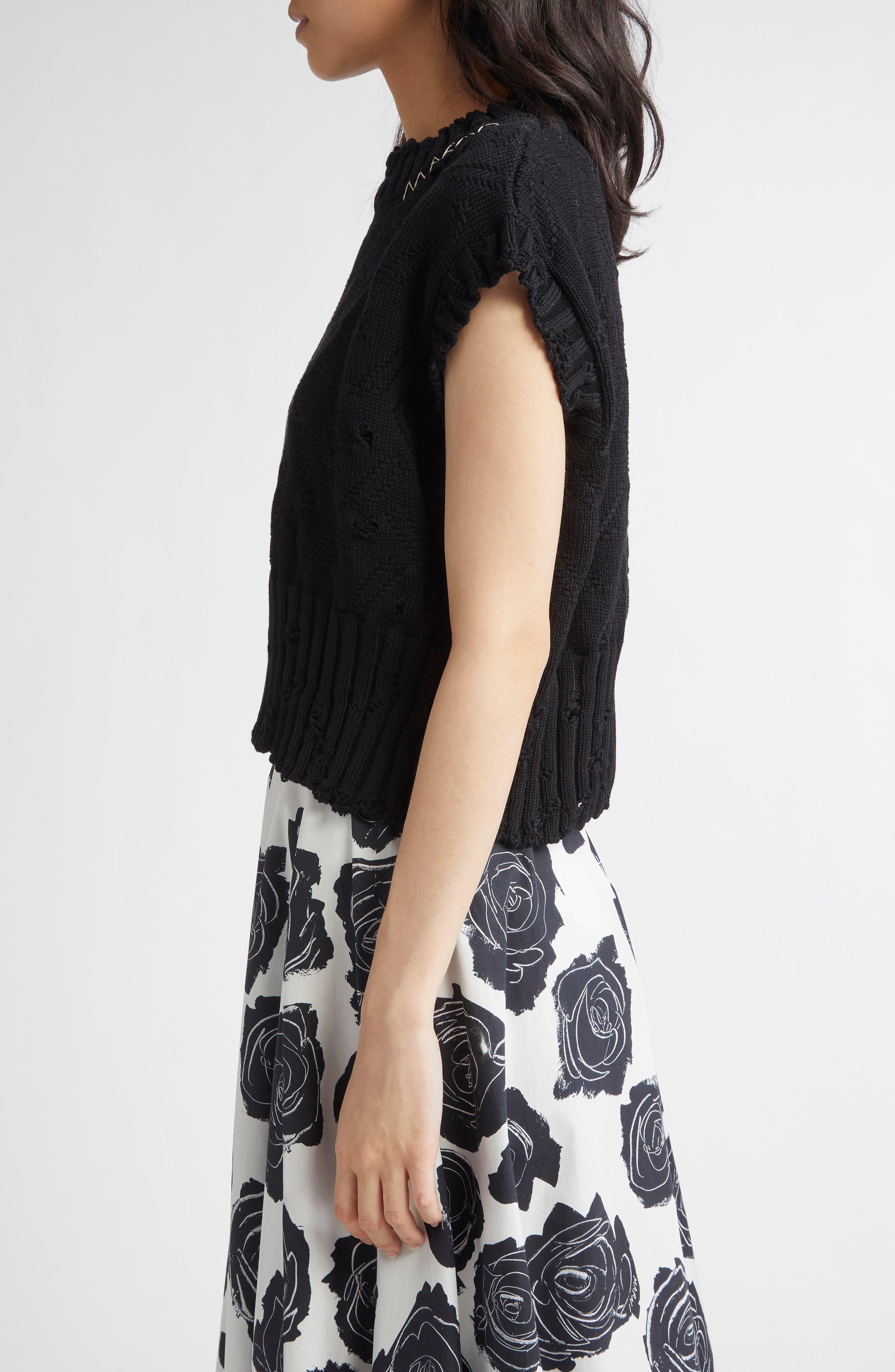 Marni Distressed Cotton Crop Sweater Vest in 00N99 Black at Nordstrom - 4