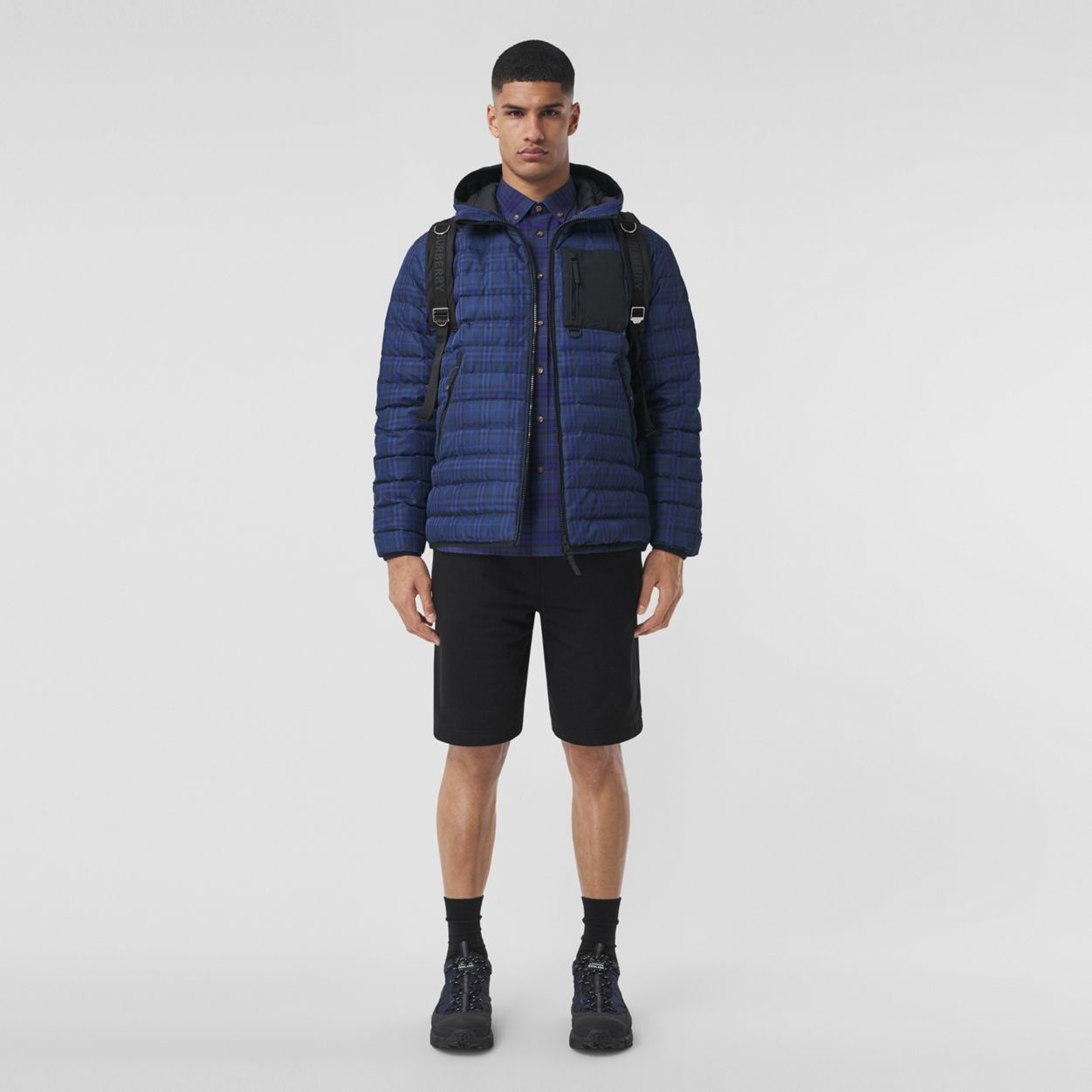 Check Nylon Hooded Puffer Jacket - 1