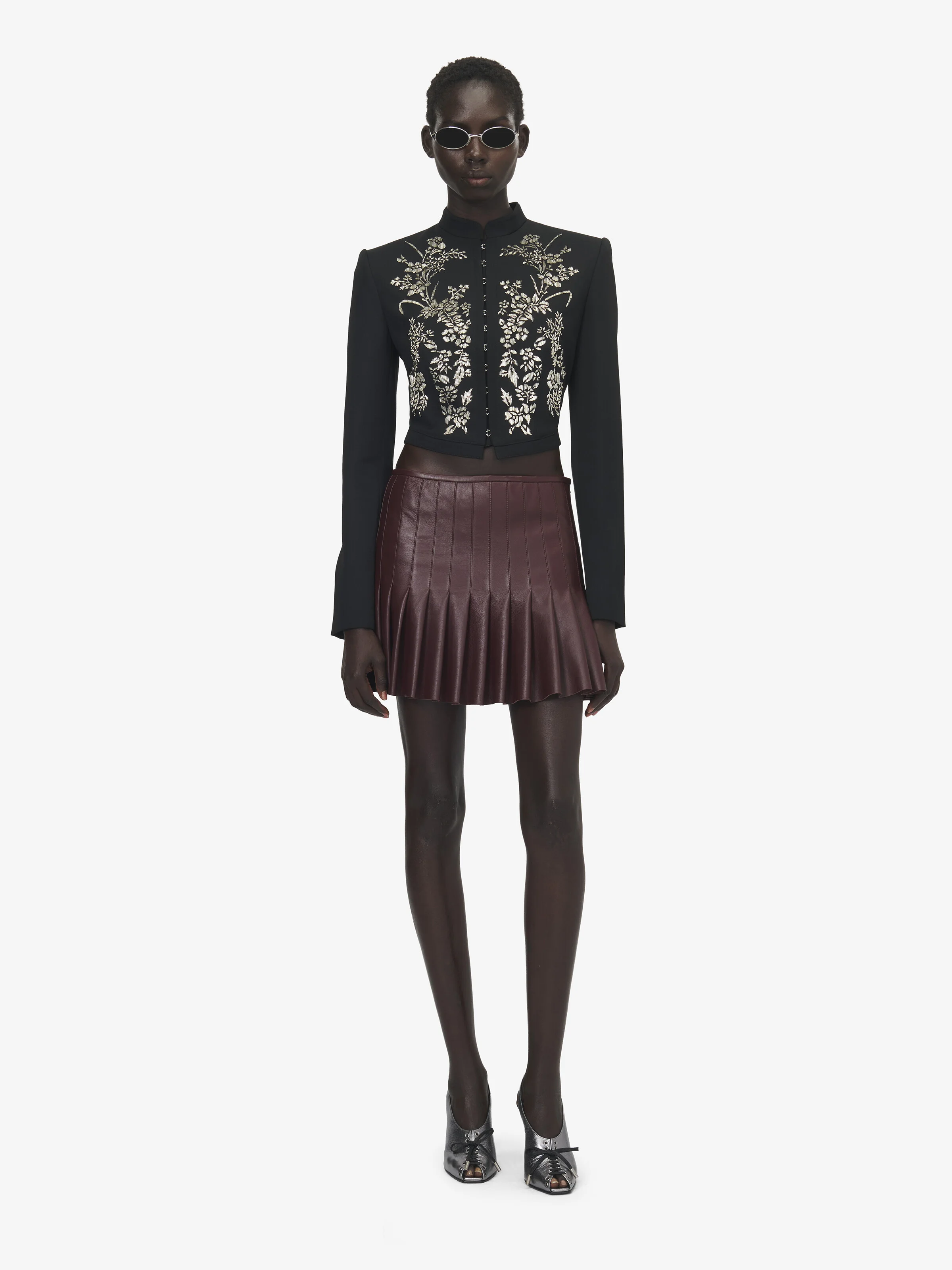 Women's Floral Embroidery Cropped Jacket in Black - 1