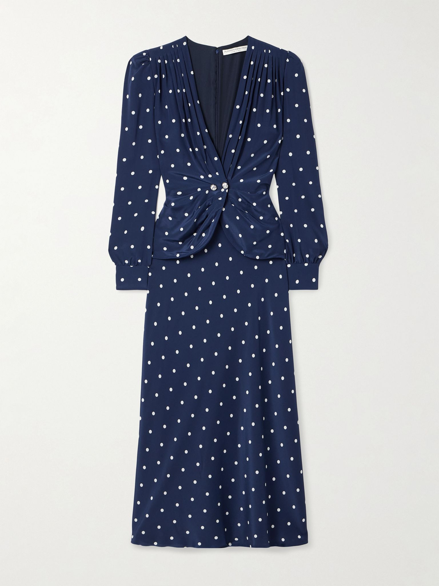 Embellished pleated polka-dot silk crepe de chine midi dress Navy - 1
