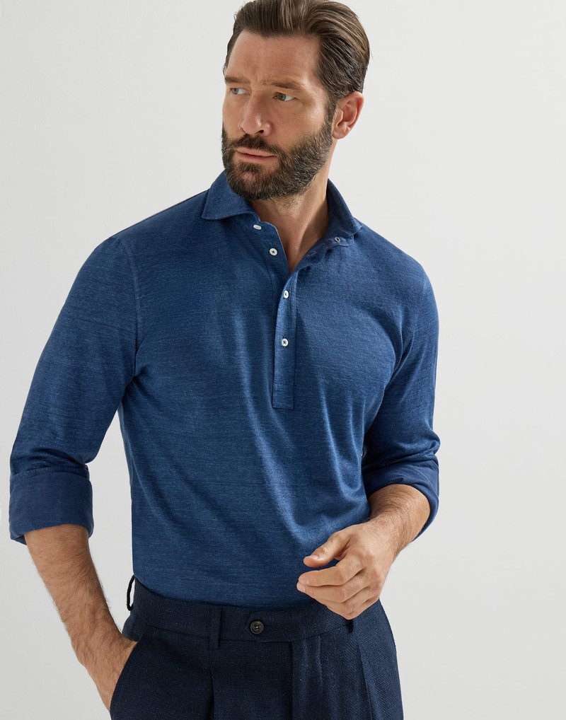 Linen and cotton mélange jersey long sleeve polo with shirt-style collar 5