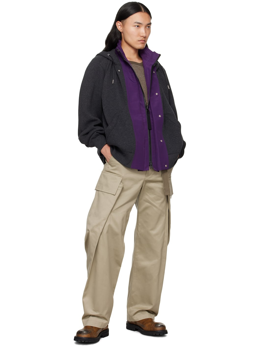 Gray & Purple Sponge Sweat & Grosgrain Hoodie - 4