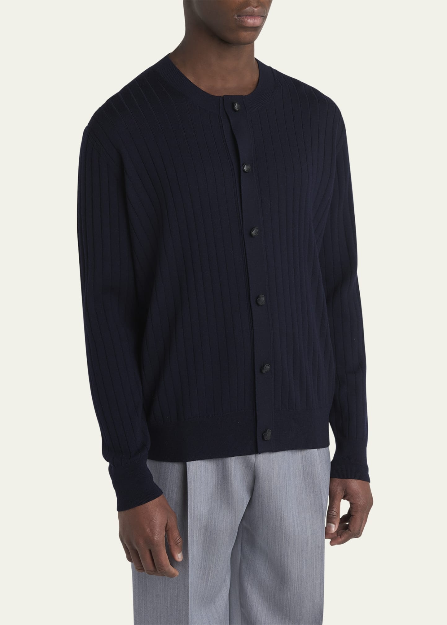 Men's Ribbed Wool Cardigan with Leather Buttons - 4