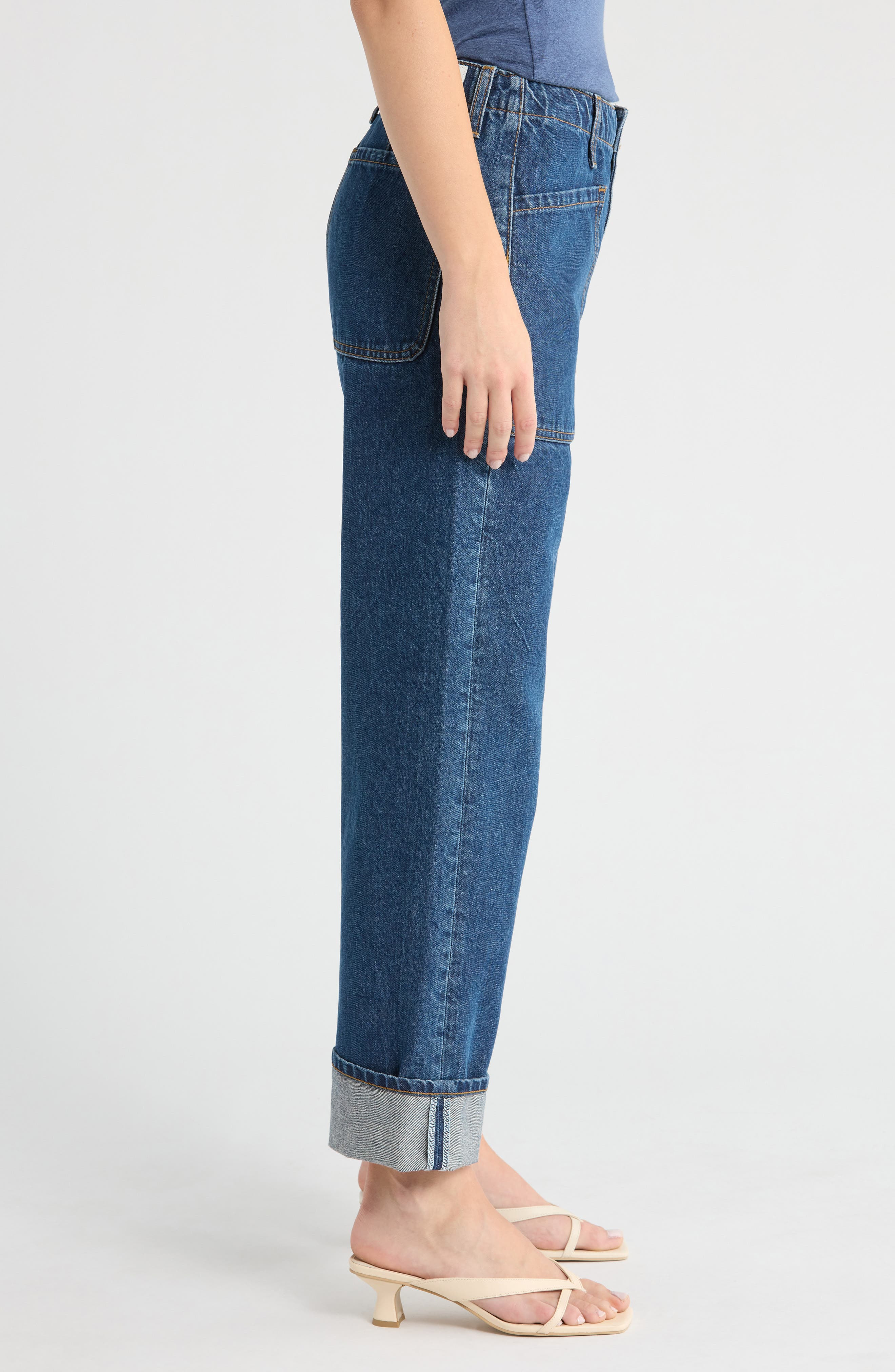 Re/Done The Bender High Waist Cuff Straight Leg Jeans in Rustic Indigo at Nordstrom - 3