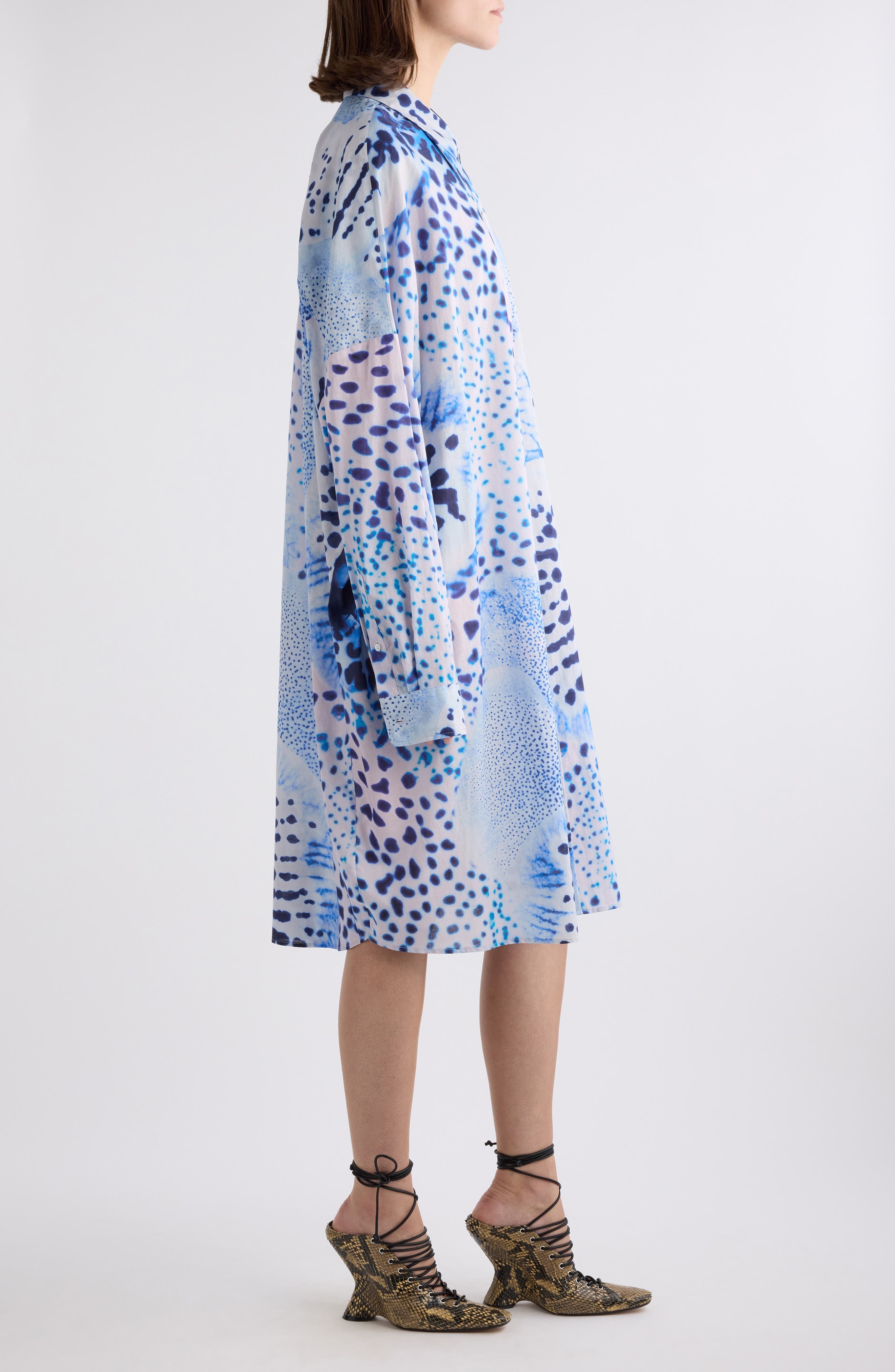 Dries Van Noten Dasia Orchid Spot Long Sleeve Cotton Shirtdress in Blue at Nordstrom - 3