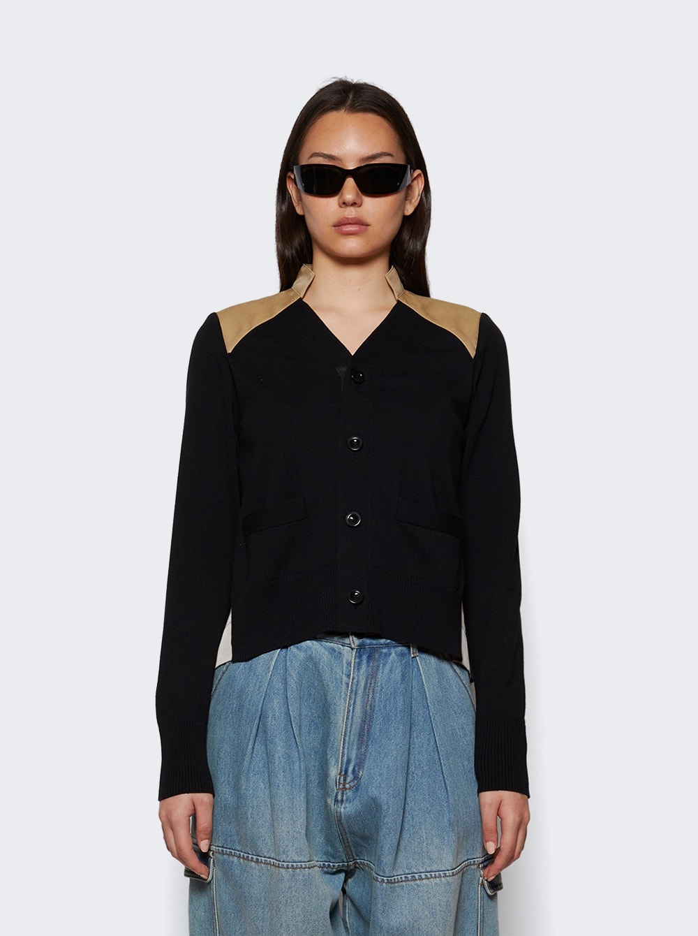 Cotton Gabardine X Knit Cardigan Black And Beige - 2