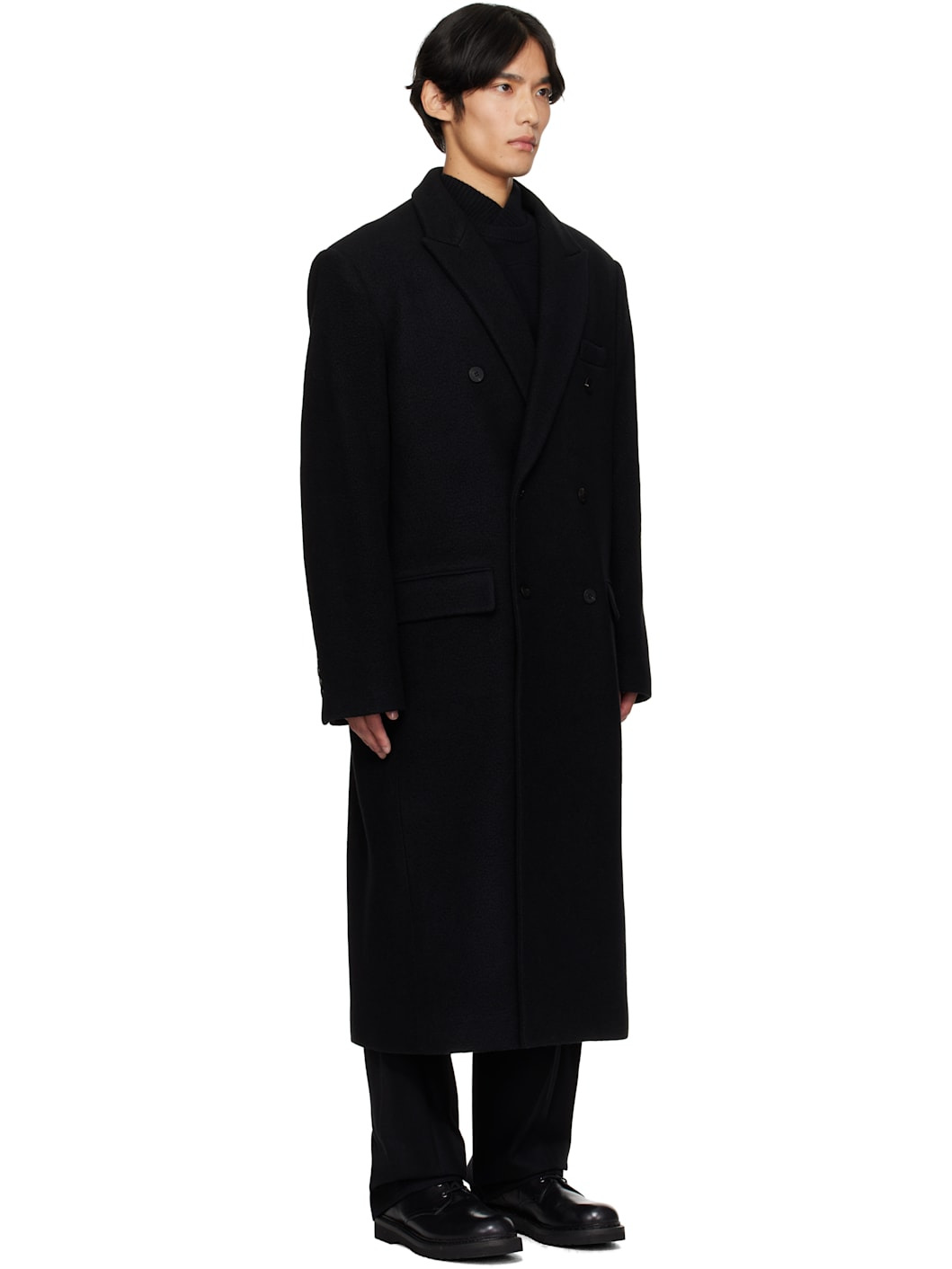 Black Double-Breasted Long Coat - 2