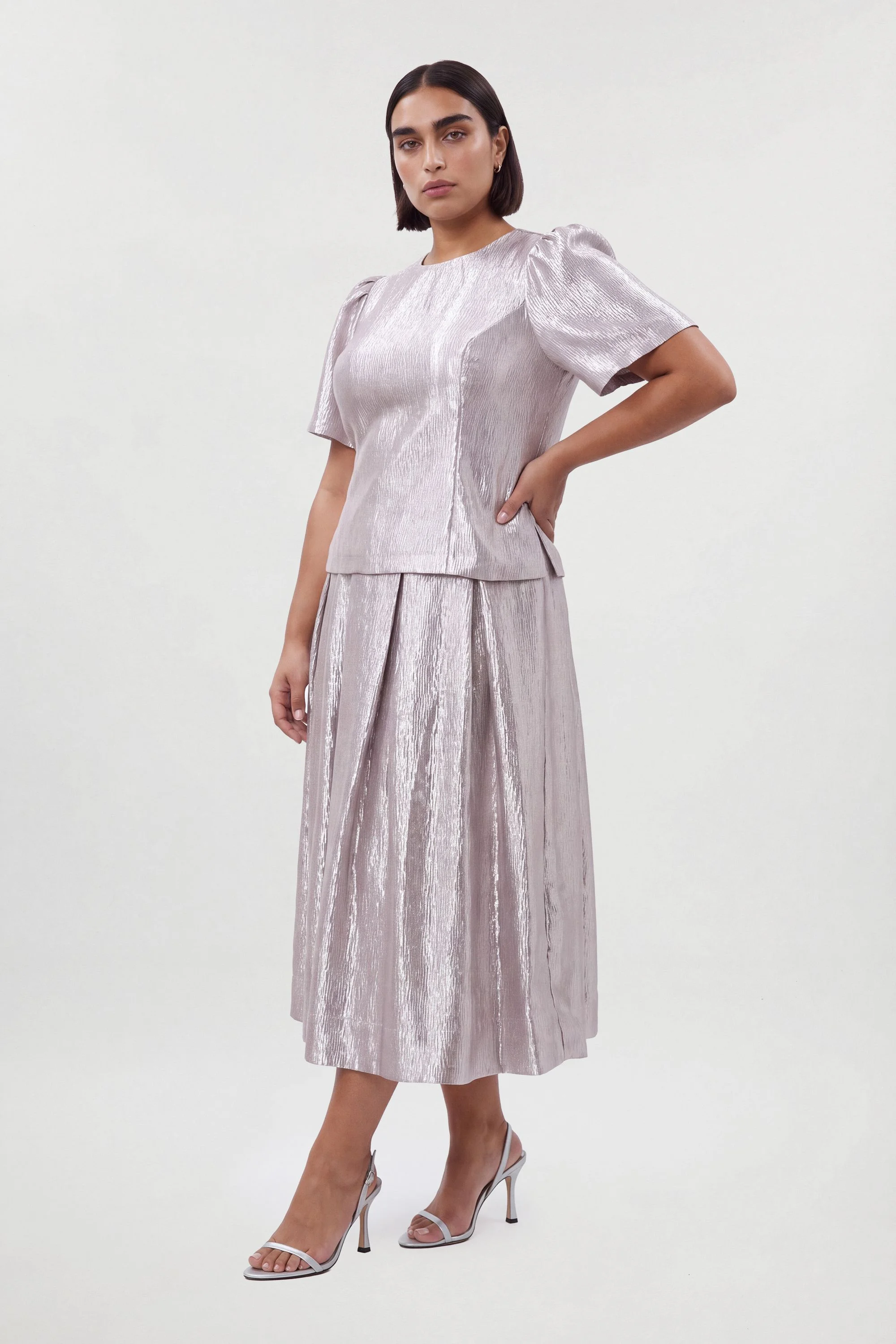 Plus Size Metallic Textured Puff Sleeve Top - 1