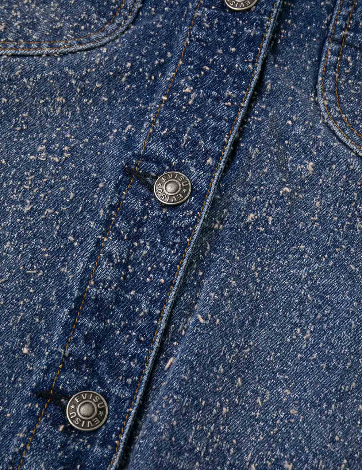 Leather Trim Fashion Fit Collarless Denim Jacket - 7
