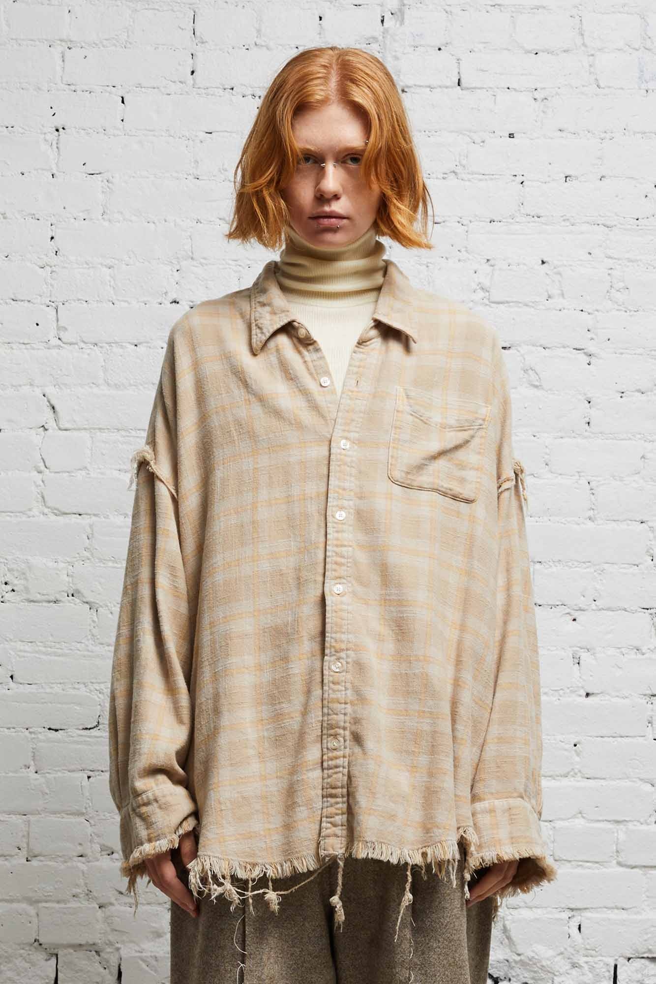 SHREDDED SEAM DROP NECK SHIRT - OVERDYED KHAKI PLAID - 2