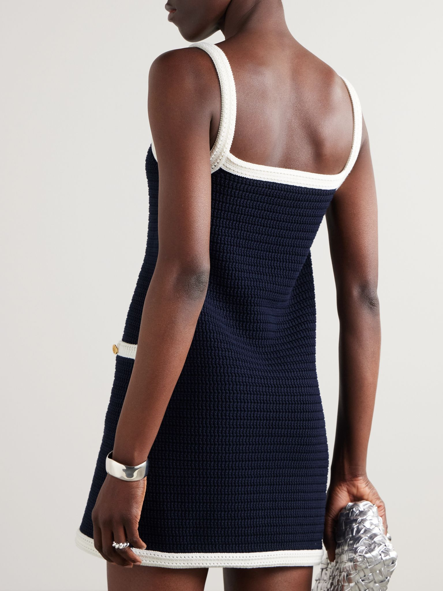 Two-tone crocheted cotton-blend mini dress Navy - 3