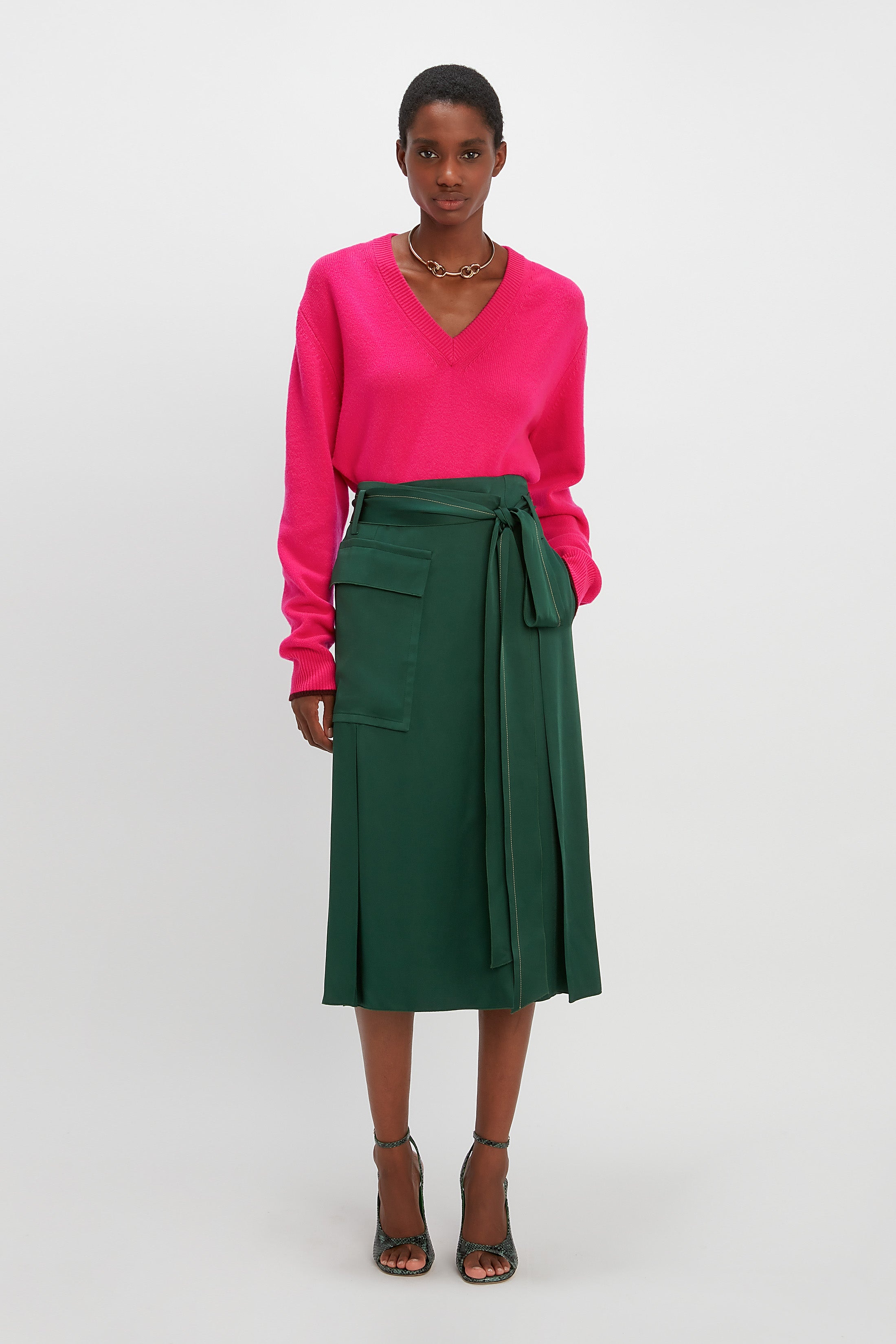 Oversized V Neck Jumper in Hot Pink - 4