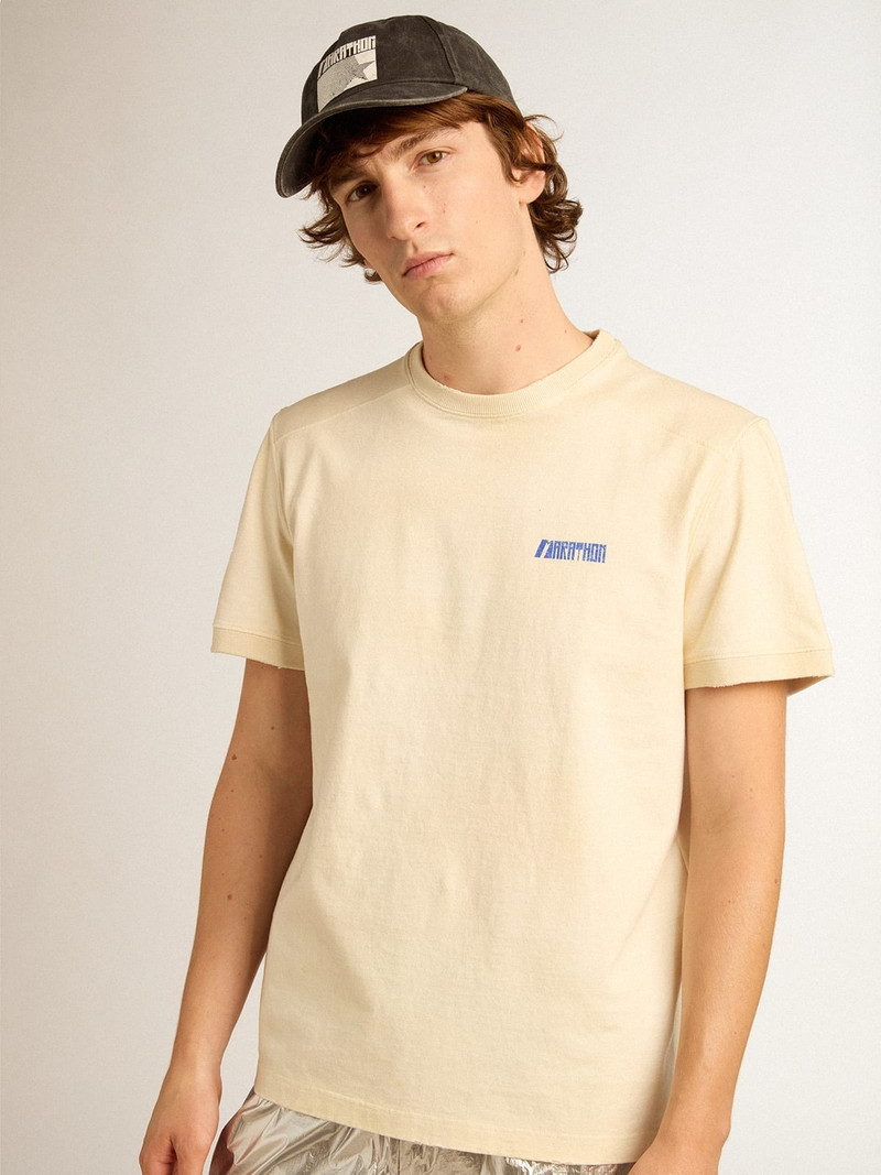 Aged white cotton T-shirt with blue Marathon logo 2